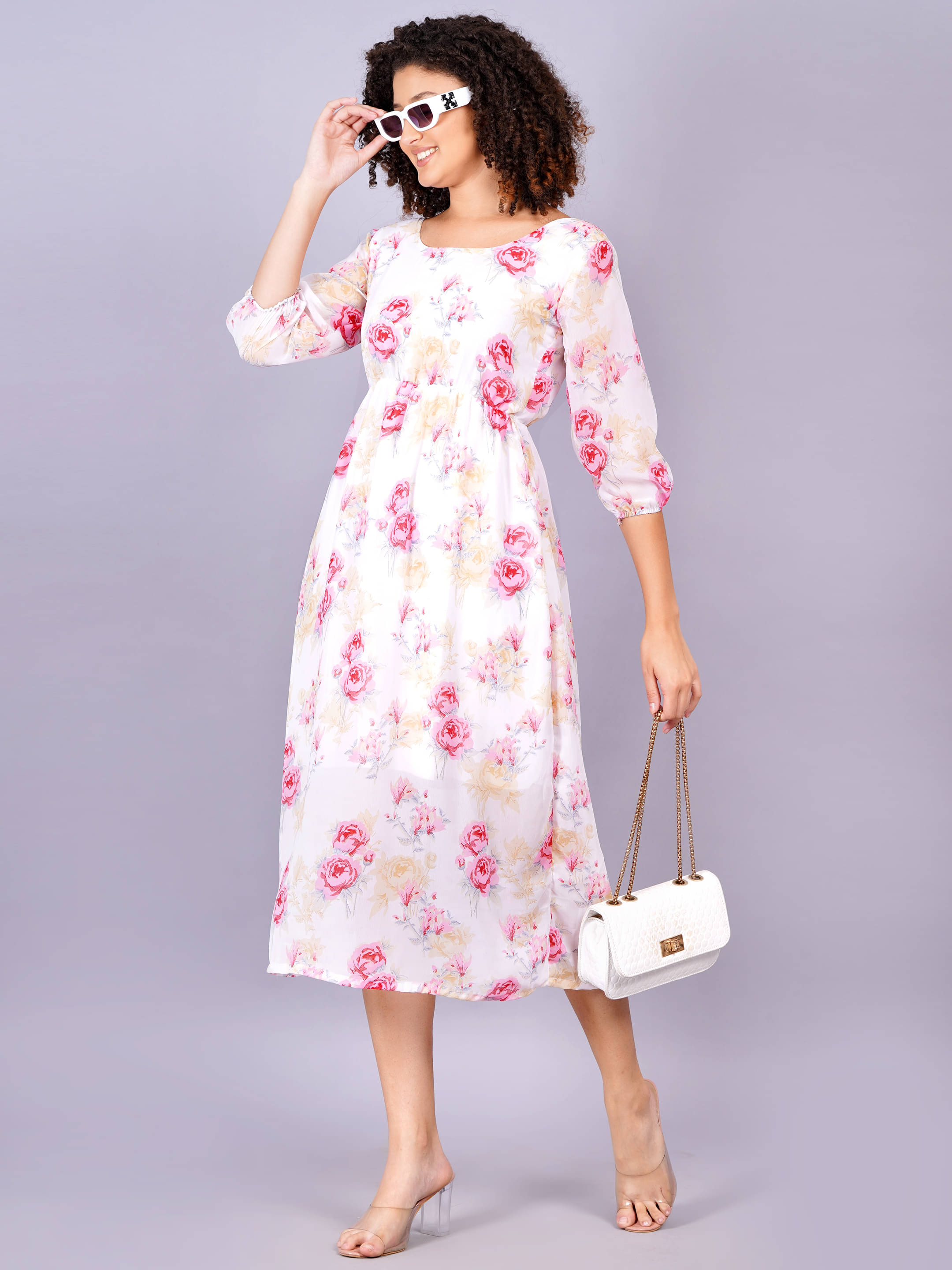     			Oh Mi Dios Women Georgette Printed Fit & Flare Dress ( White )