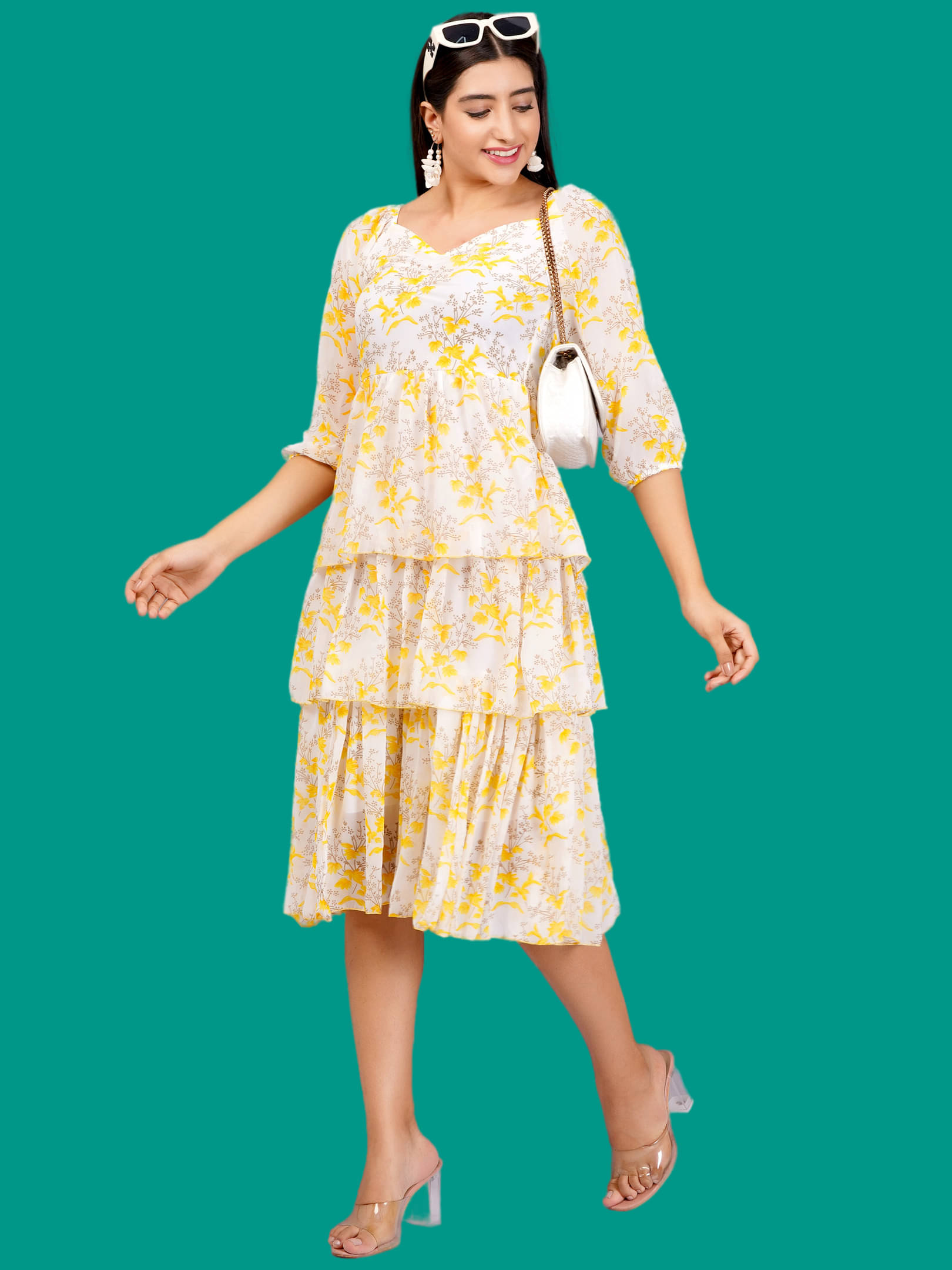     			Oh Mi Dios Women Georgette Printed Empire Dress ( Yellow )