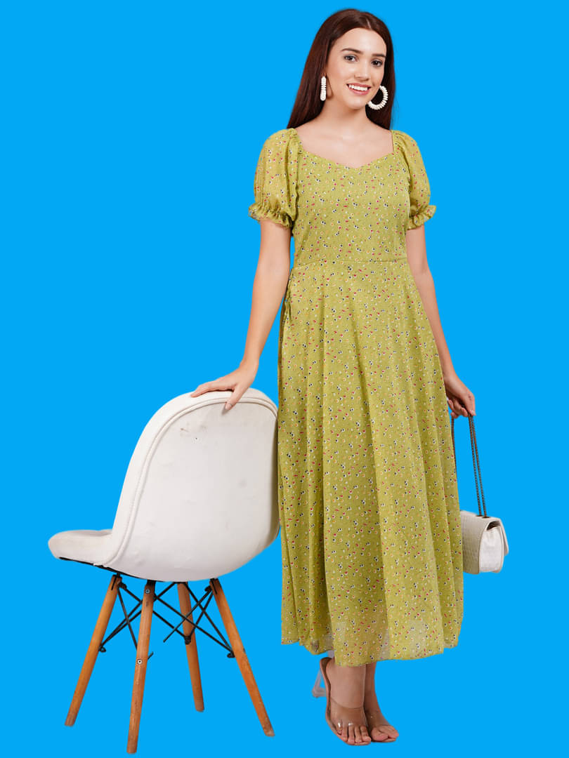 Oh Mi Dios Women Georgette Printed Fit & Flare Dress ( Green )     			Oh Mi Dios Women Georgette Printed Fit & Flare Dress ( Green )