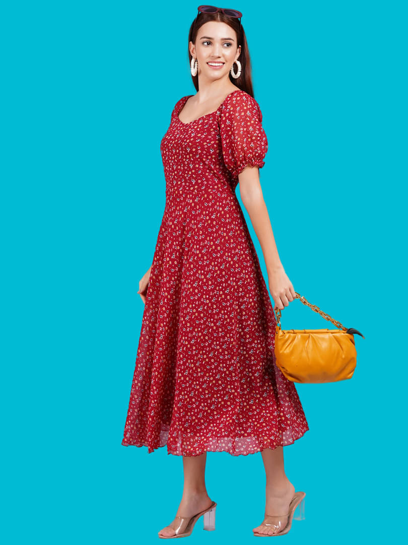 Oh Mi Dios Georgette Printed Calf-Length Women's Fit & Flare Dress - Red ( Pack of 1 ) Oh Mi Dios Georgette Printed Calf-Length Women's Fit & Flare Dress - Red ( Pack of 1 )
