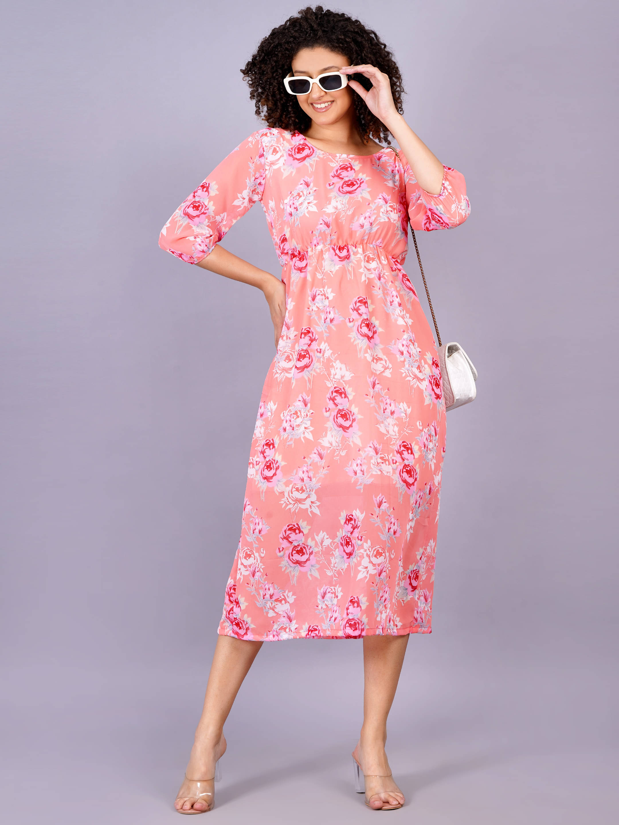 Oh Mi Dios Georgette Printed Calf-Length Women's Fit & Flare Dress - Pink ( Pack of 1 ) Oh Mi Dios Georgette Printed Calf-Length Women's Fit & Flare Dress - Pink ( Pack of 1 )