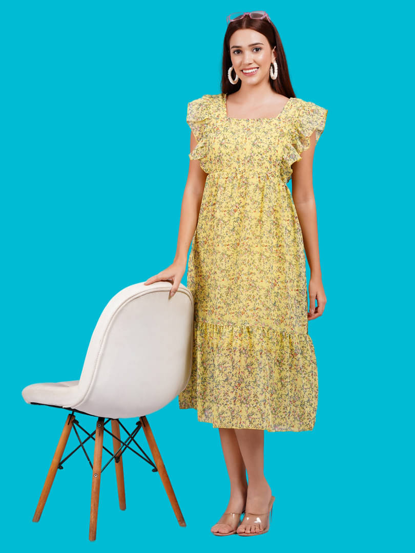     			Oh Mi Dios Women Georgette Printed Fit & Flare Dress ( Yellow )