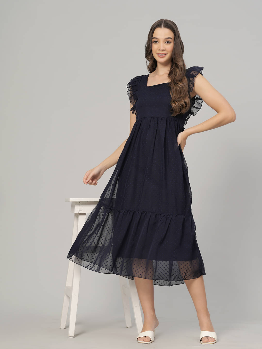 Oh Mi Dios Women Georgette Printed Fit & Flare Dress ( Navy ) Oh Mi Dios Women Georgette Printed Fit & Flare Dress ( Navy )
