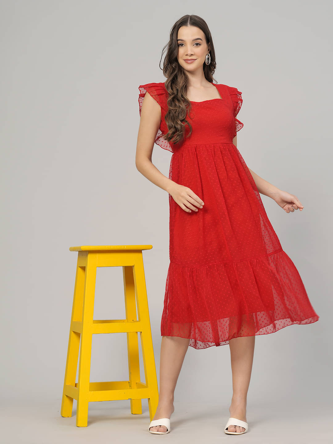     			Oh Mi Dios Women Georgette Printed Fit & Flare Dress ( Red )