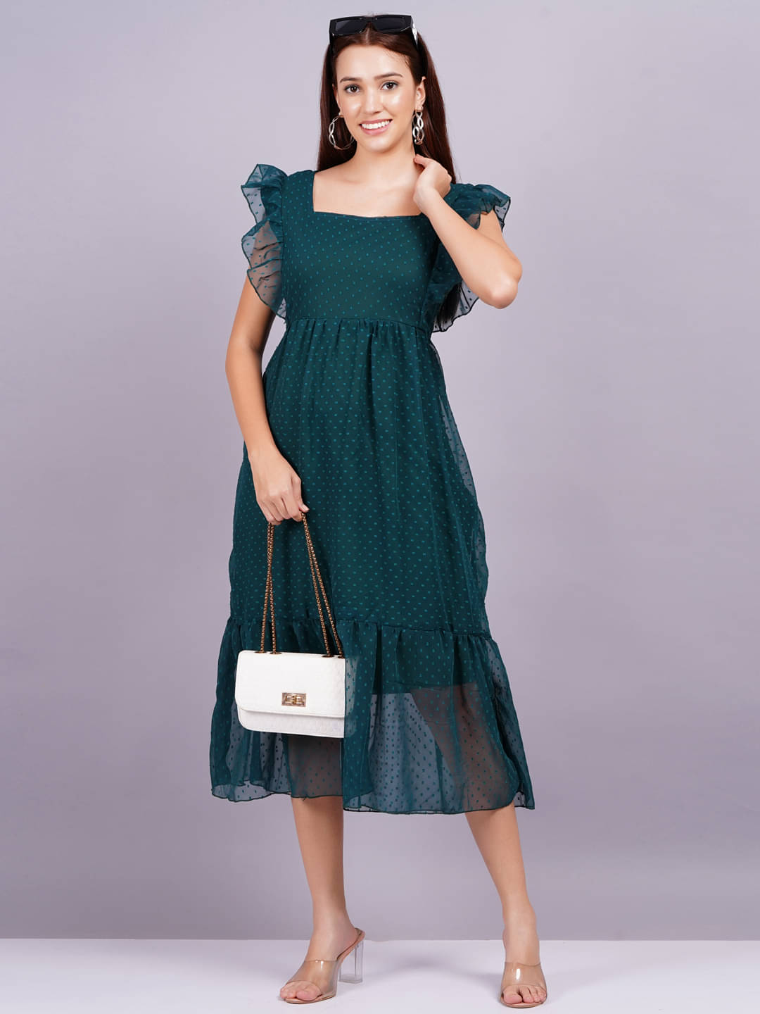     			Oh Mi Dios Women Georgette Printed Fit & Flare Dress ( Green )