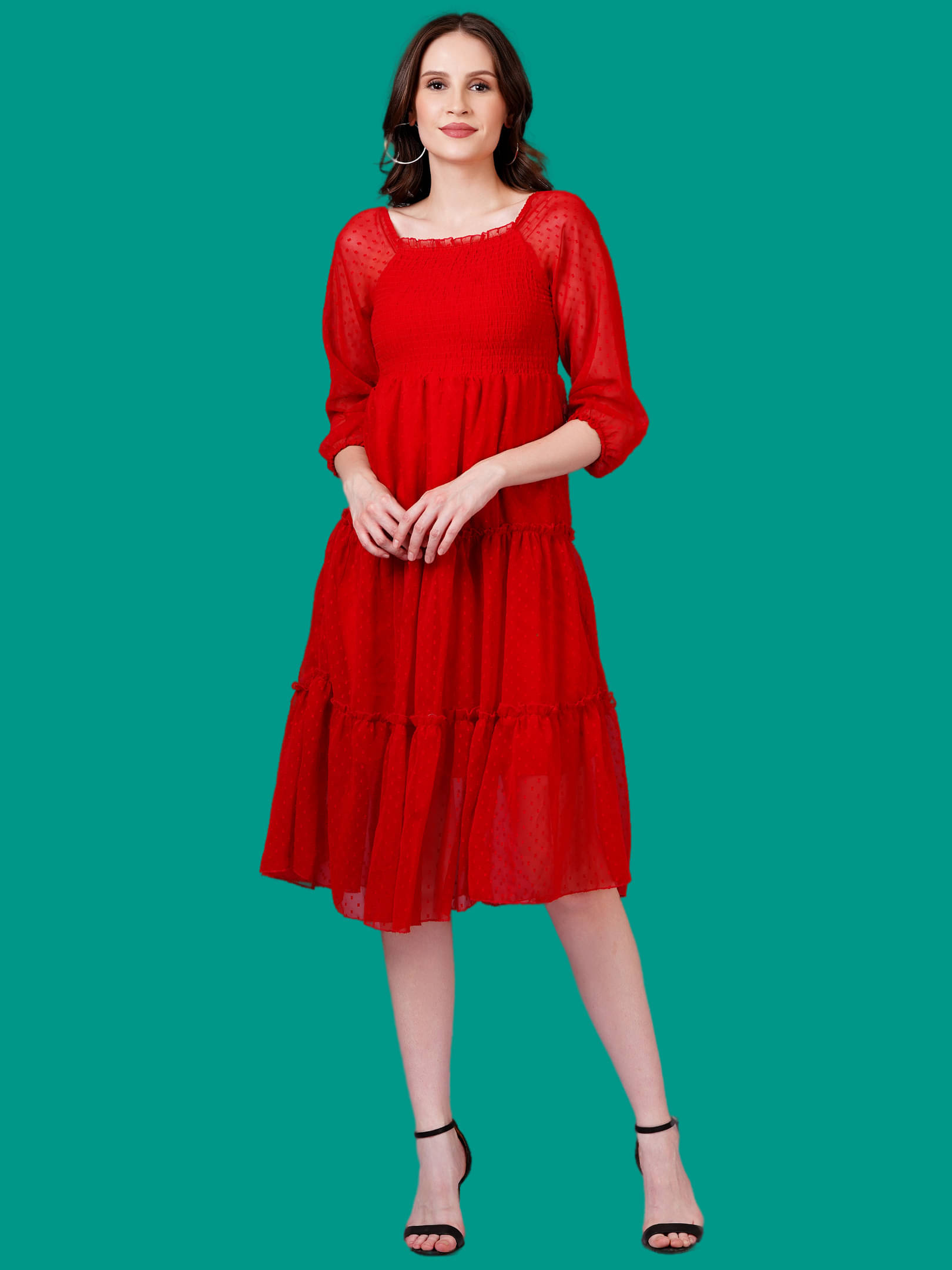 Oh Mi Dios Women Georgette Solid Empire Dress ( Red ) Oh Mi Dios Women Georgette Solid Empire Dress ( Red )