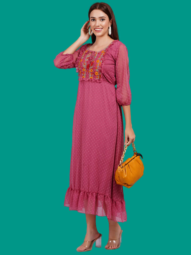     			Oh Mi Dios Women Georgette Solid Fit & Flare Dress ( Pink )