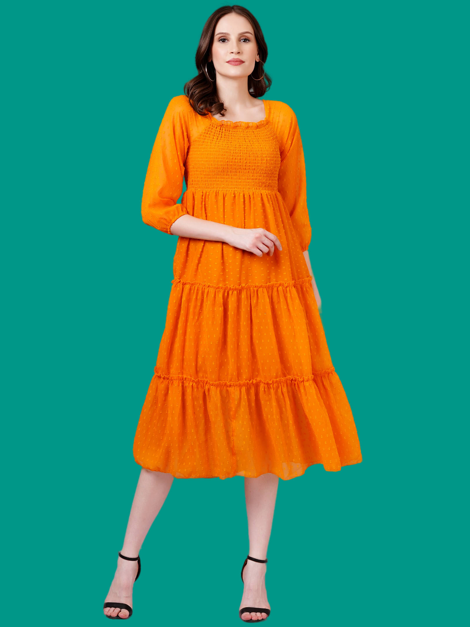 Oh Mi Dios Women Georgette Solid Empire Dress ( Orange ) Oh Mi Dios Women Georgette Solid Empire Dress ( Orange )