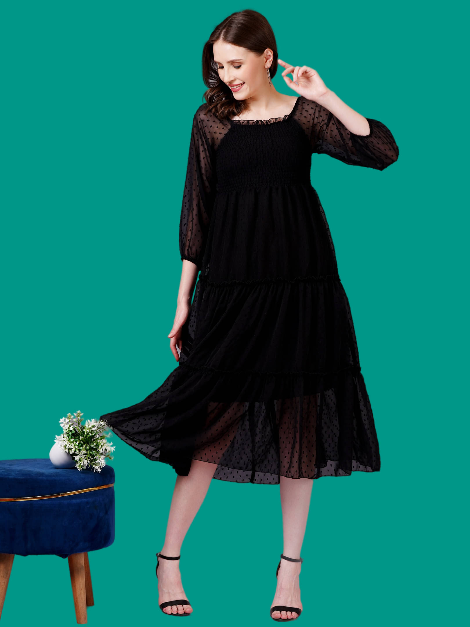 Oh Mi Dios Women Georgette Solid Empire Dress ( Black ) Oh Mi Dios Women Georgette Solid Empire Dress ( Black )