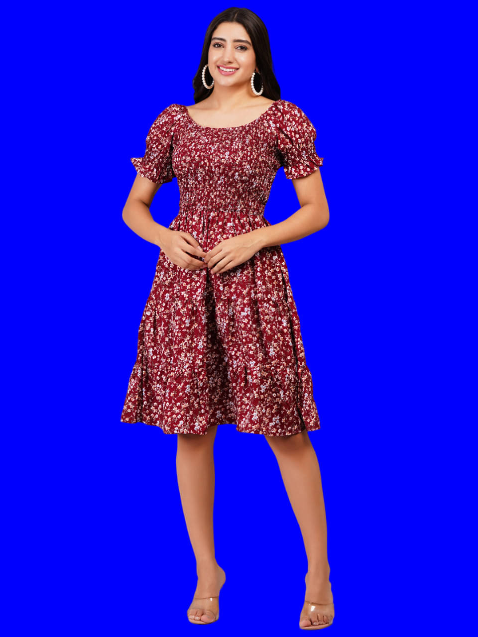 Oh Mi Dios Viscose Rayon Printed Knee Length Women's Empire Dress - Maroon ( Pack of 1 )     			Oh Mi Dios Viscose Rayon Printed Knee Length Women's Empire Dress - Maroon ( Pack of 1 )