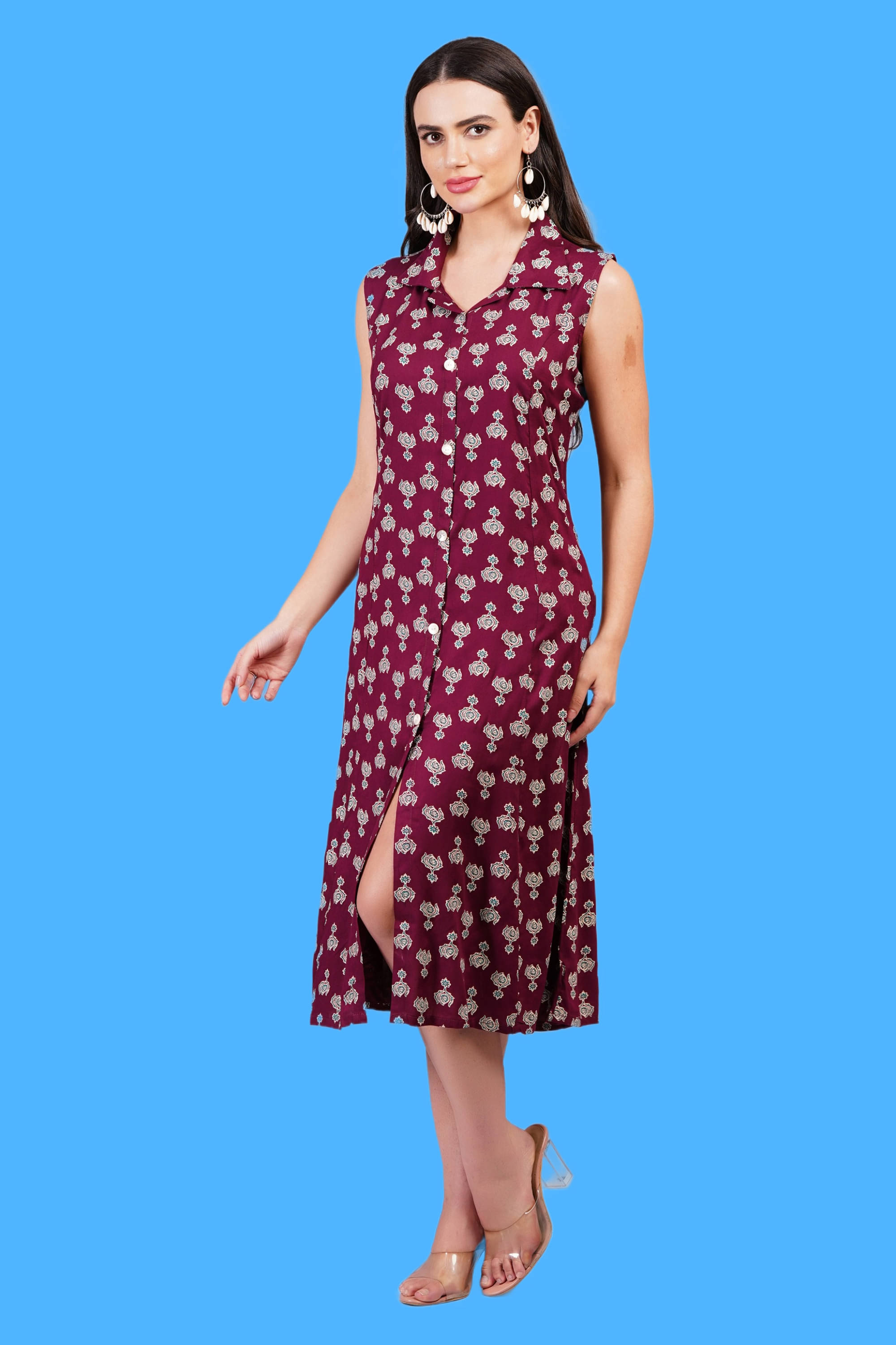 Oh Mi Dios Women Viscose Rayon Printed A-line Dress ( Maroon ) Oh Mi Dios Women Viscose Rayon Printed A-line Dress ( Maroon )