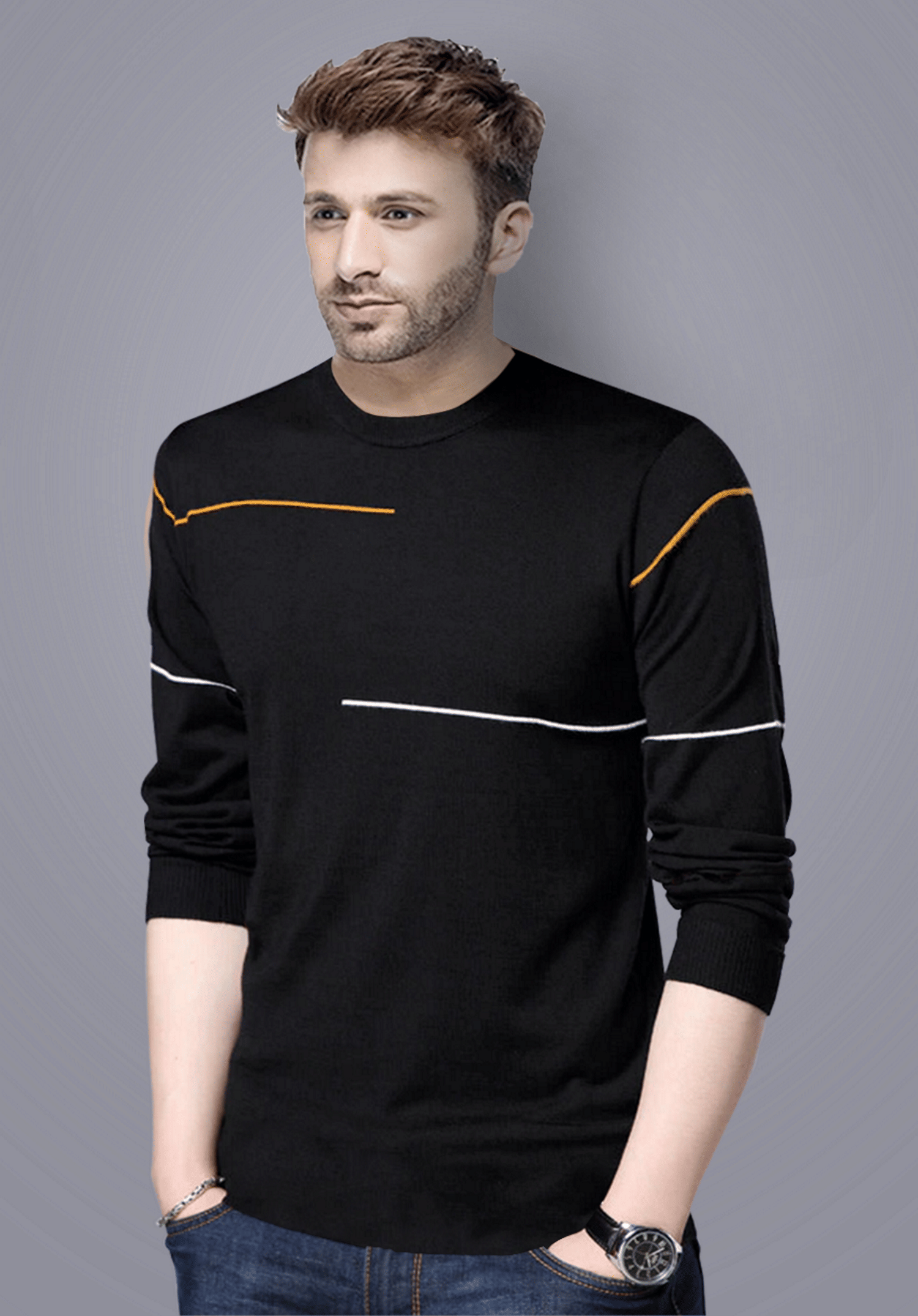Reya Cotton Blend Regular Fit Striped Full Sleeves Men's Round T-Shirt - Black ( Pack of 1 )