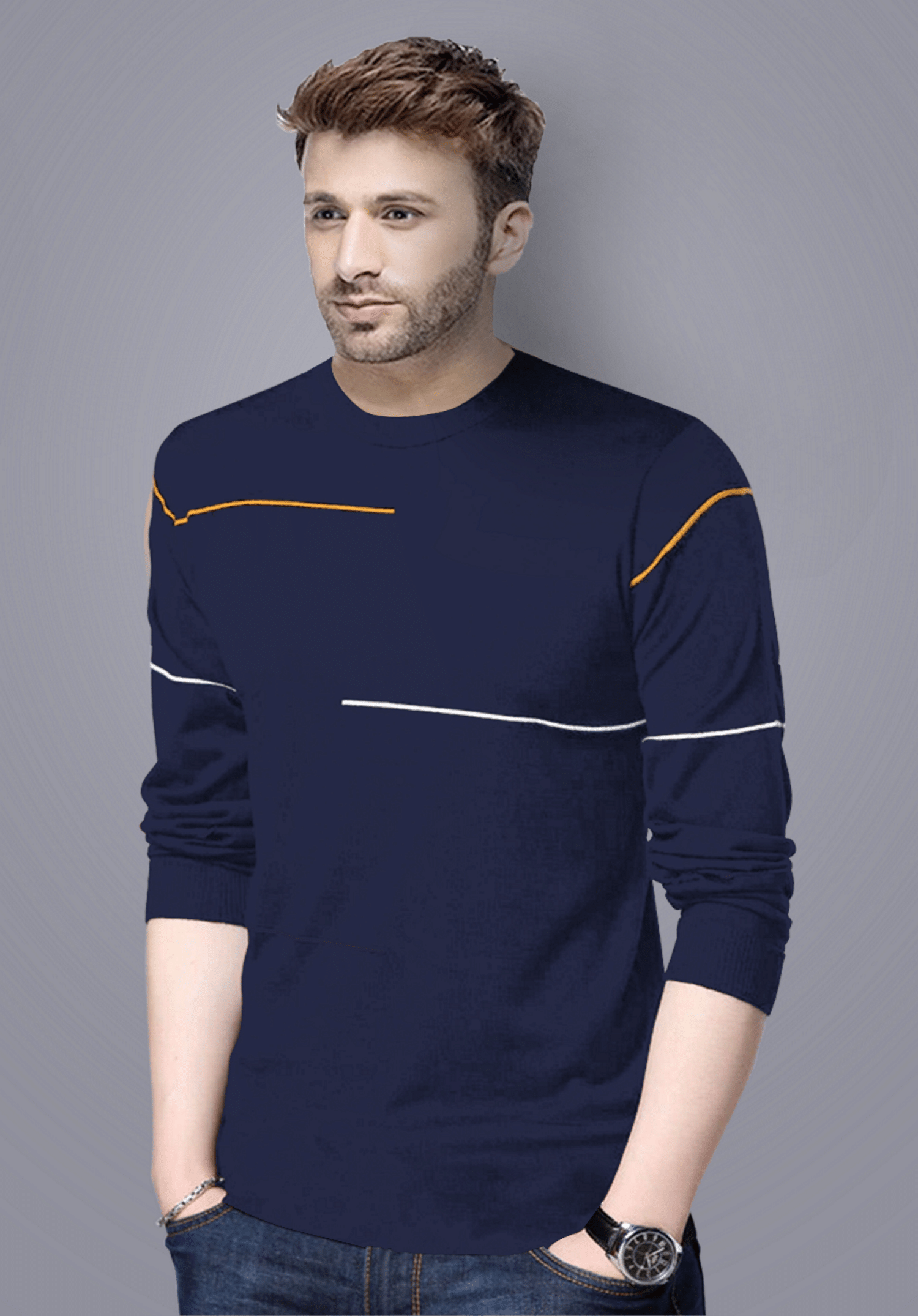 Reya Cotton Blend Regular Fit Striped Full Sleeves Men's Round T-Shirt - Blue ( Pack of 1 ) Reya Cotton Blend Regular Fit Striped Full Sleeves Men's Round T-Shirt - Blue ( Pack of 1 )