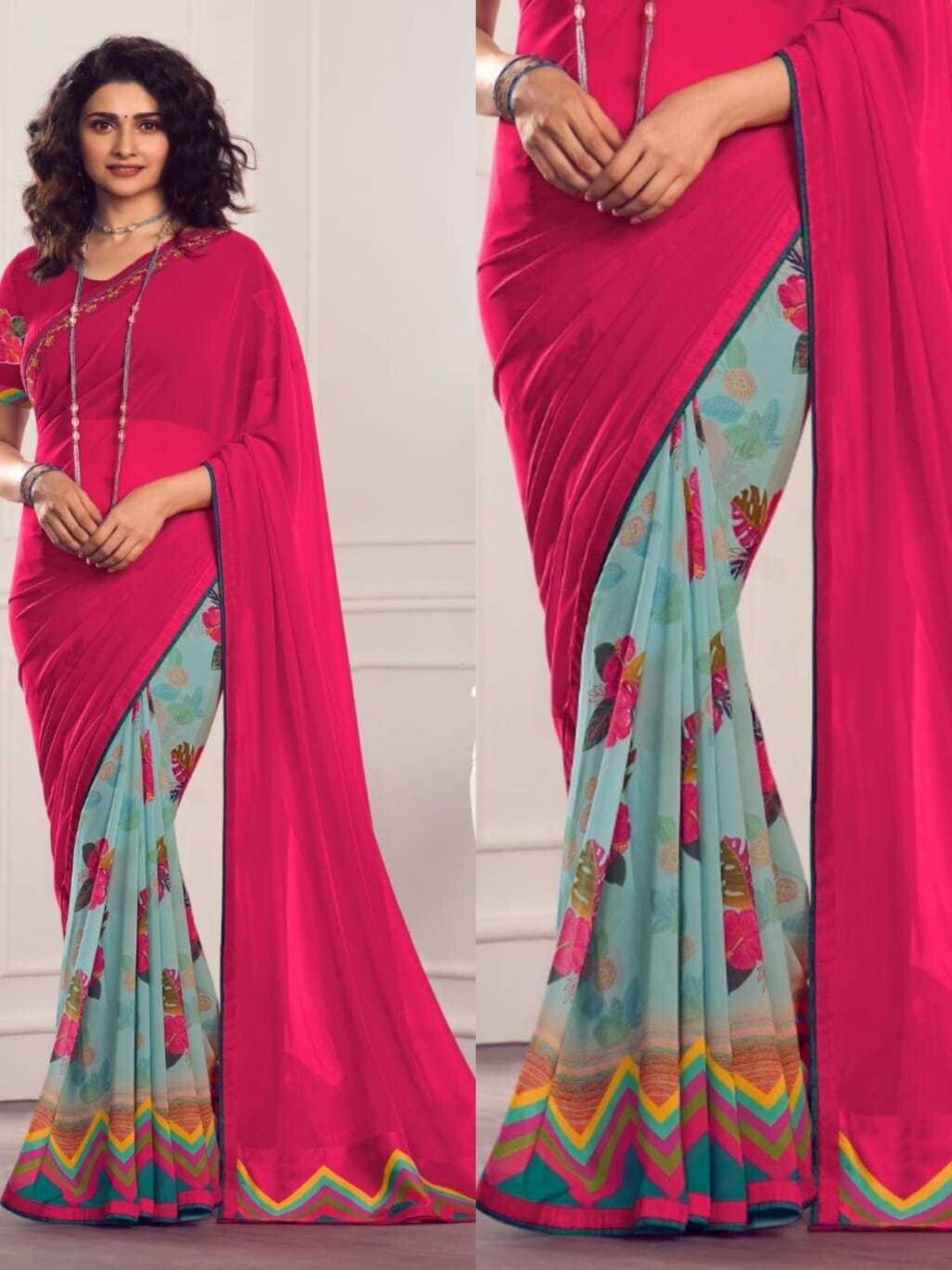 SARIK  FASHION Georgette Printed Saree With Unstitched Blouse Piece ( Pink )     			SARIK  FASHION Georgette Printed Saree With Unstitched Blouse Piece ( Pink )