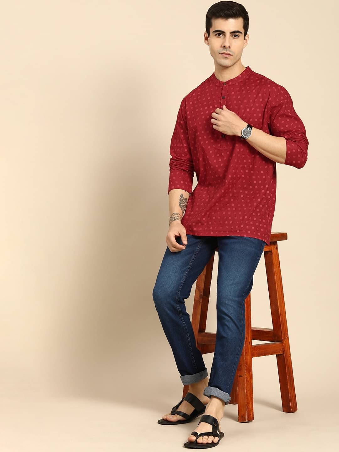     			THE FAB FACTORY Maroon Viscose Men's Shirt Style Kurta ( Pack of 1 )