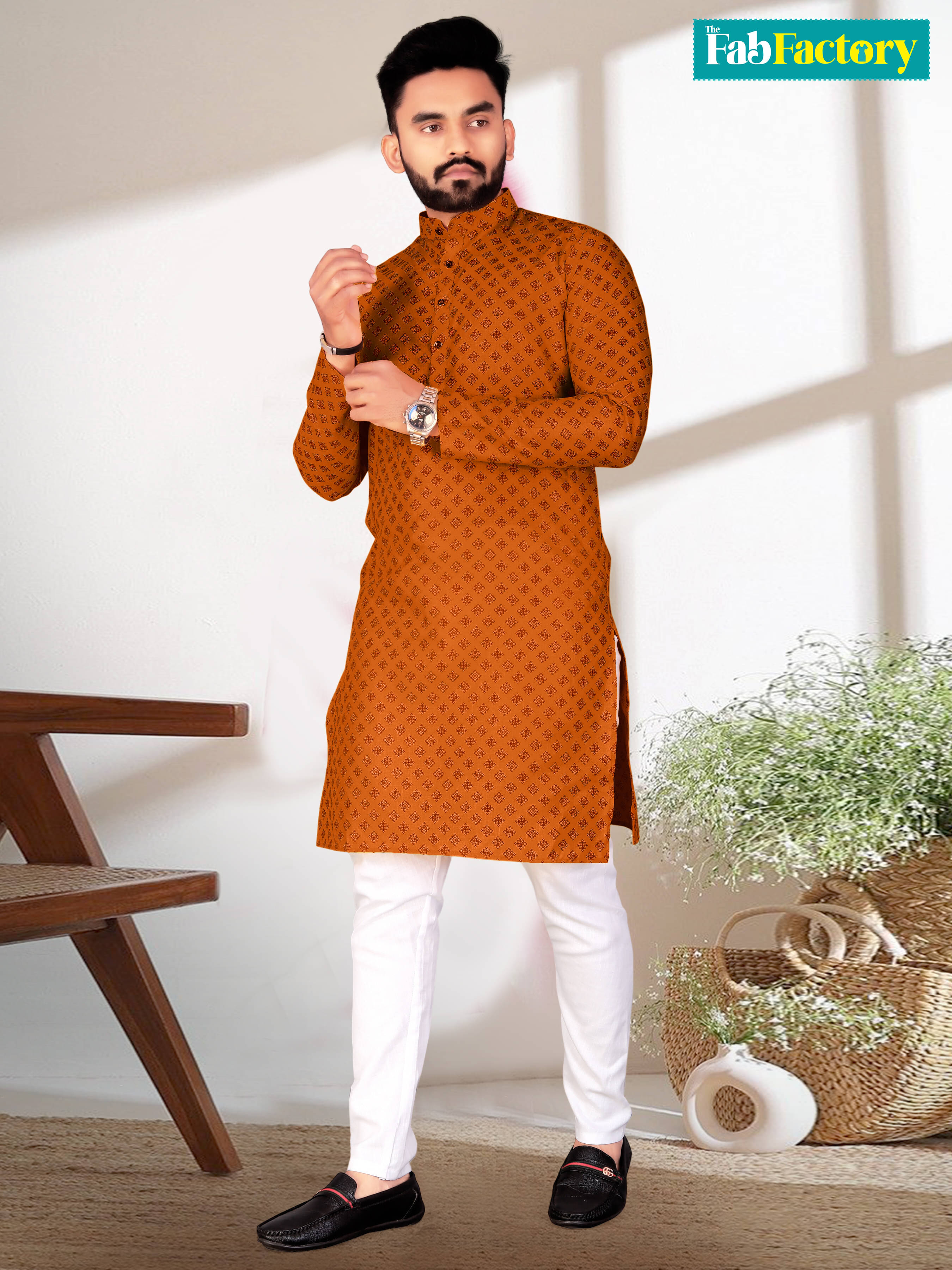 THE FAB FACTORY Orange Blended Men's Regular Kurta ( Pack of 1 )     			THE FAB FACTORY Orange Blended Men's Regular Kurta ( Pack of 1 )
