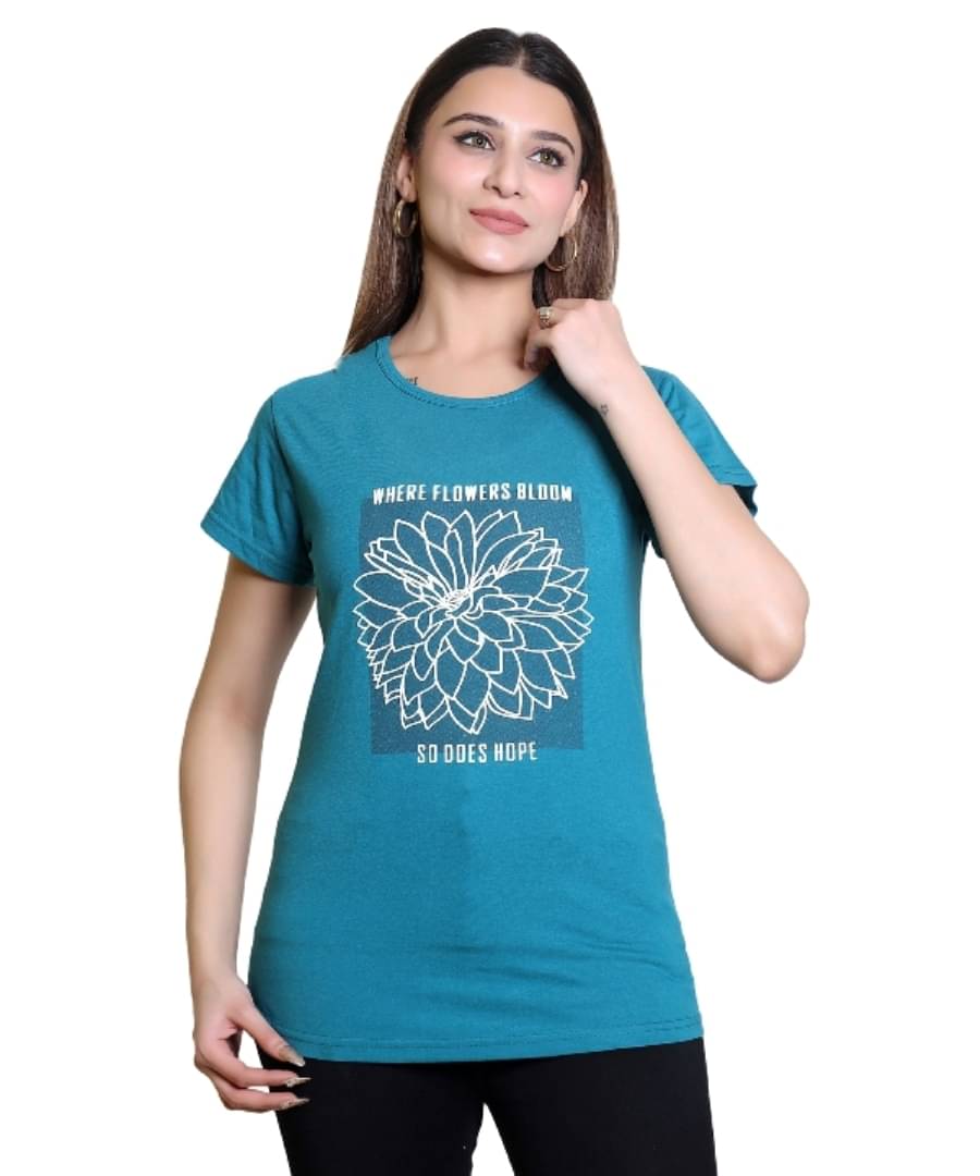     			Whyme Fashion Women Cotton Printed Regular Fit Round Neck T-Shirt ( Teal )