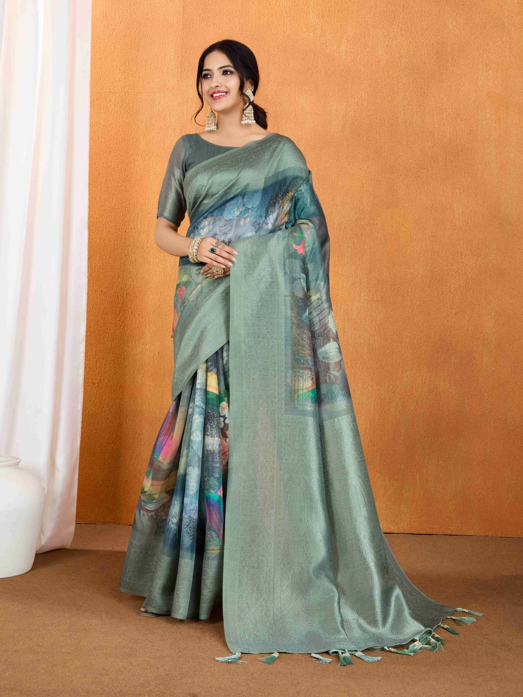     			doroly Cotton Silk Printed Saree With Unstitched Blouse Piece ( Dark Grey )