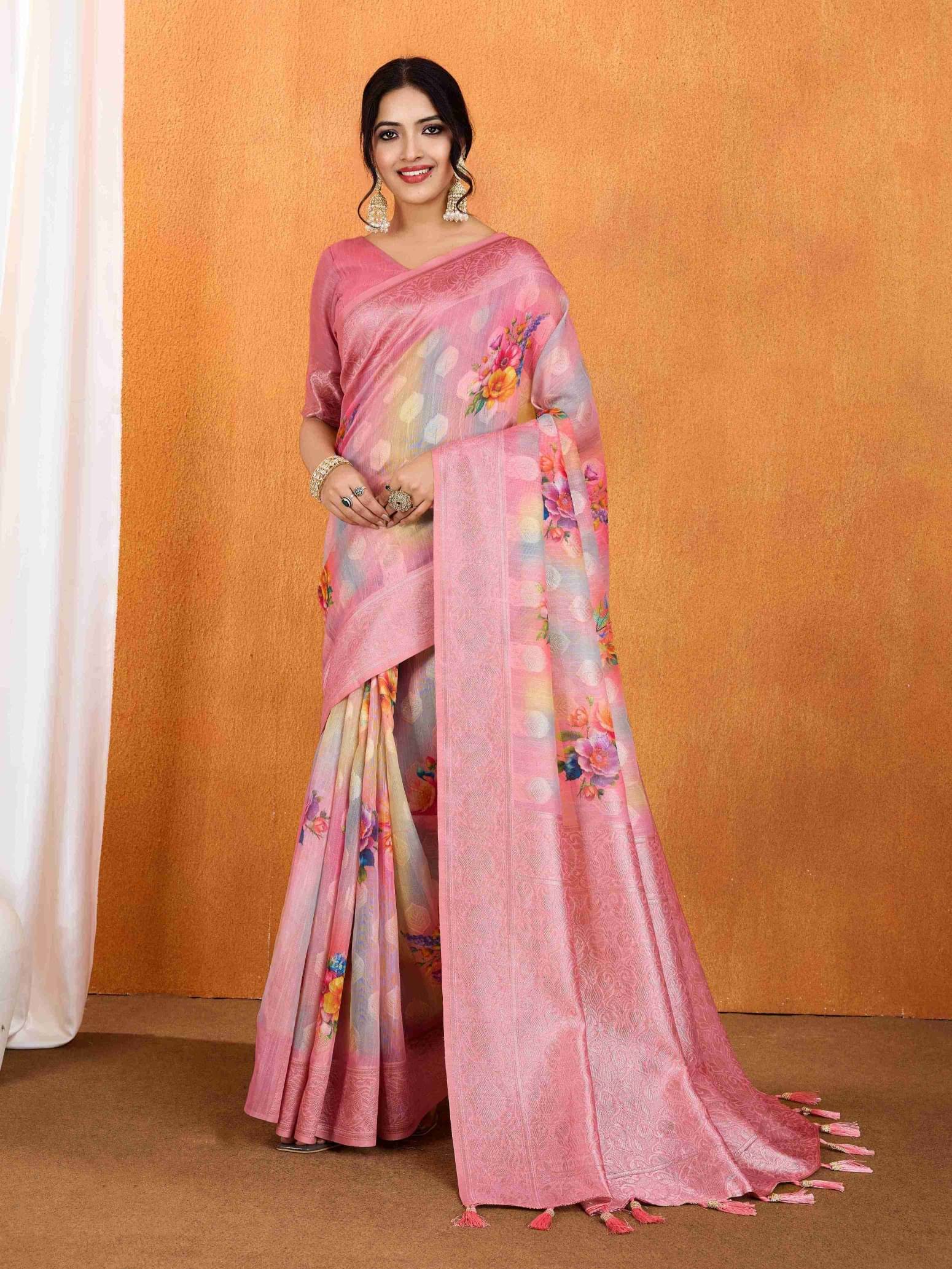 doroly Cotton Silk Printed Saree With Unstitched Blouse Piece ( Pink )     			doroly Cotton Silk Printed Saree With Unstitched Blouse Piece ( Pink )
