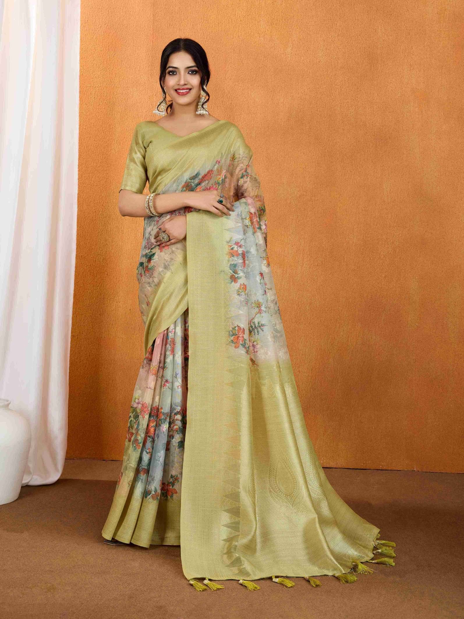     			doroly Cotton Silk Printed Saree With Unstitched Blouse Piece ( Light Green )