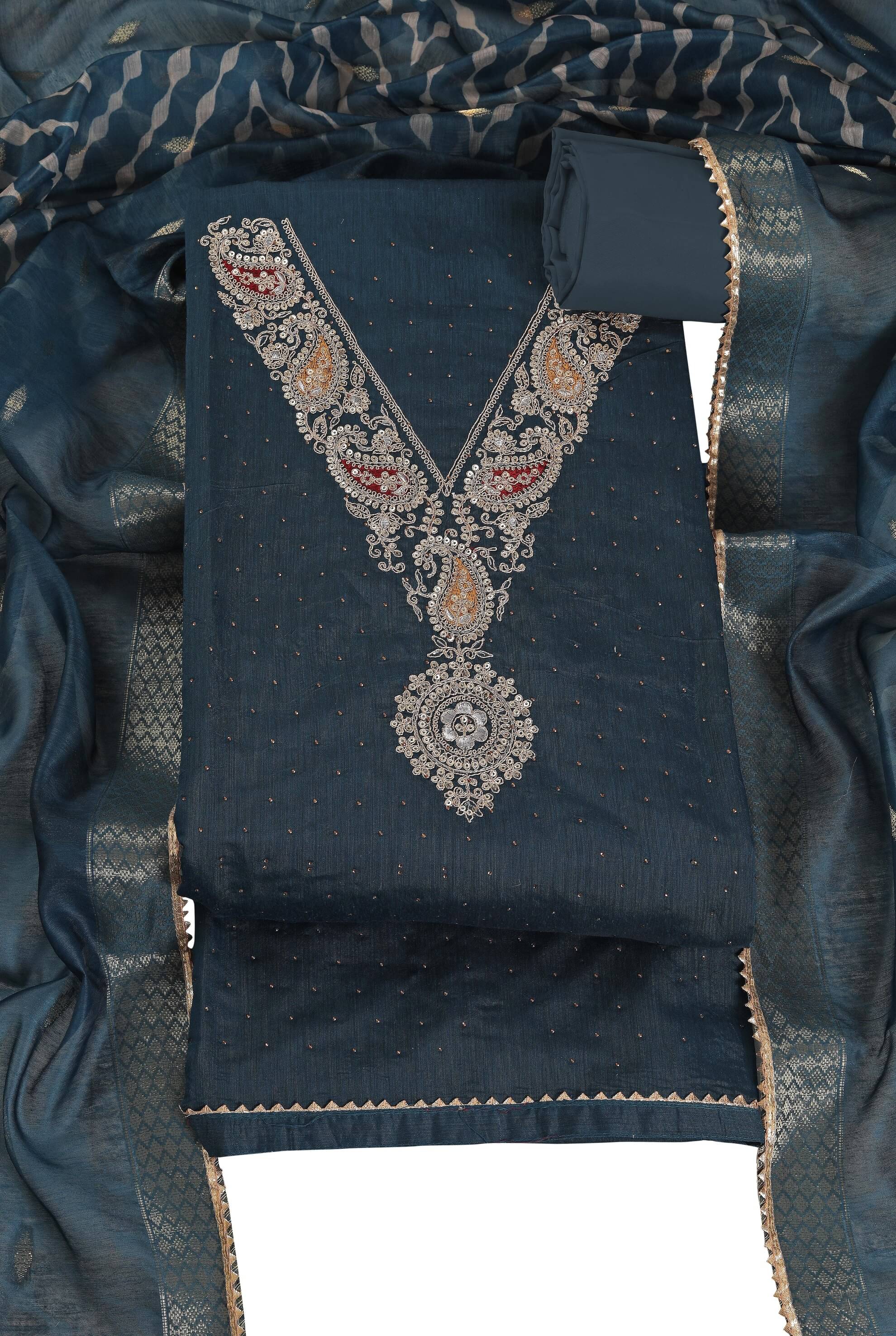     			tavas Unstitched Chanderi Embellished Dress Material - Dark Blue ( Pack of 1 )