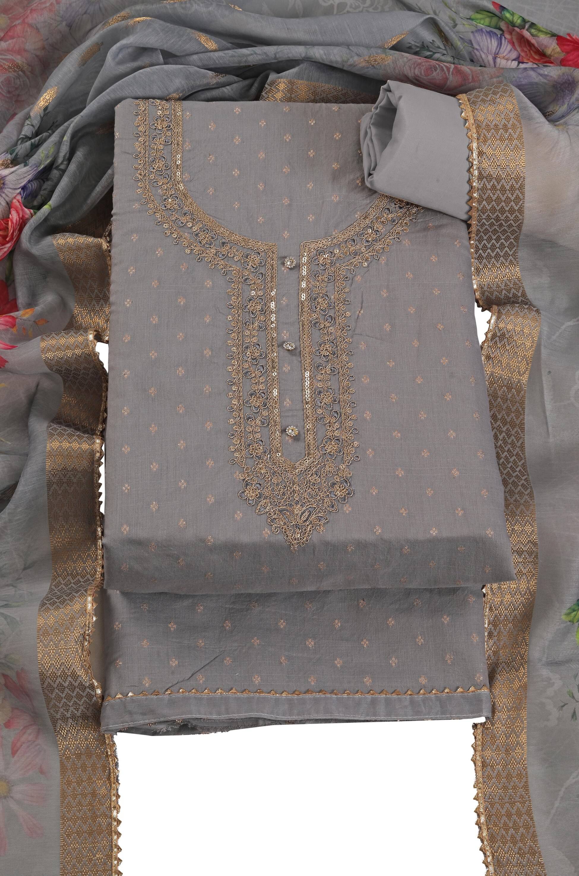 tavas Unstitched Chanderi Embellished Dress Material - Grey ( Pack of 1 ) tavas Unstitched Chanderi Embellished Dress Material - Grey ( Pack of 1 )