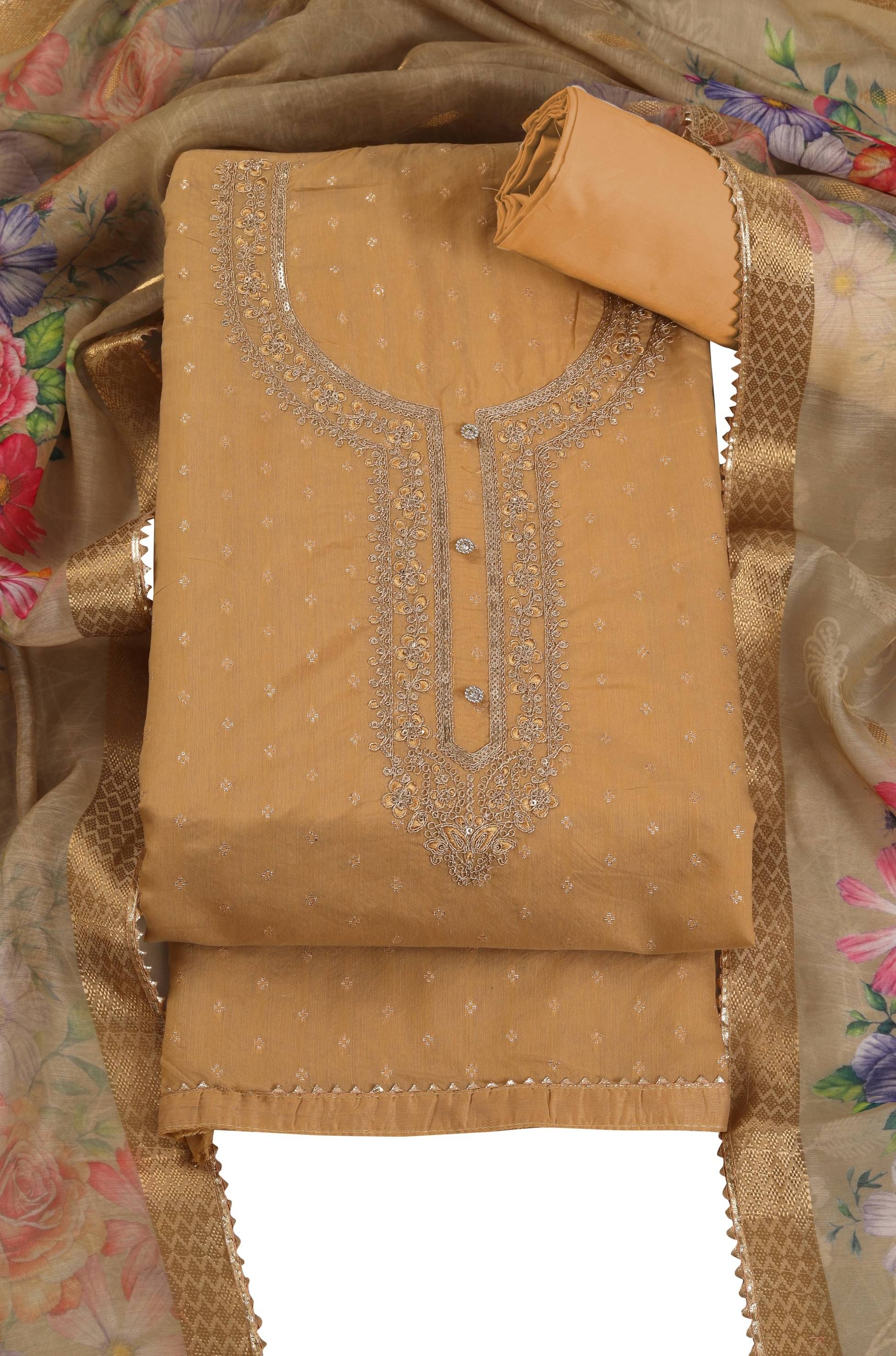     			tavas Unstitched Chanderi Embellished Dress Material - Beige ( Pack of 1 )