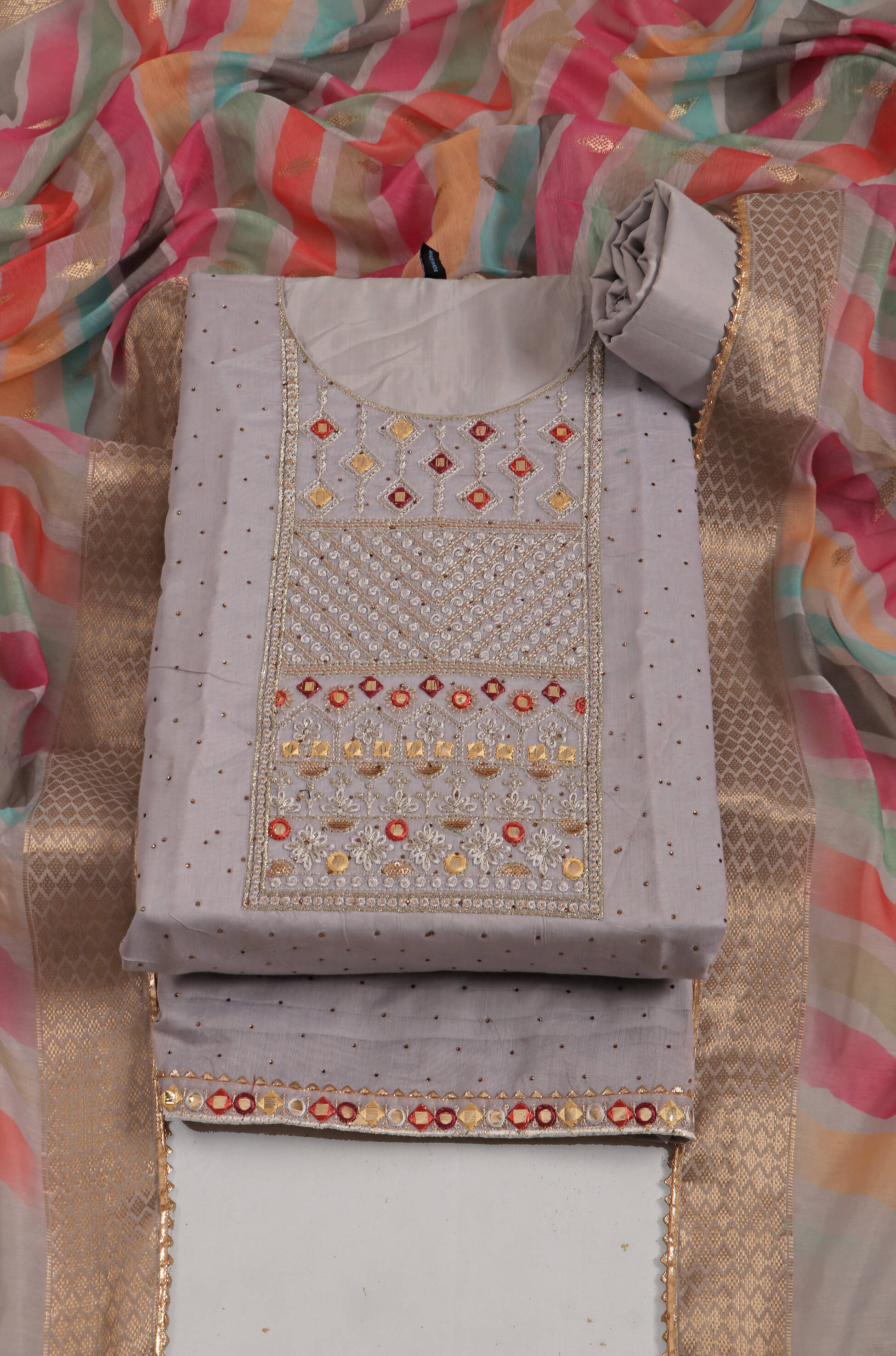     			tavas Unstitched Chanderi Embroidered Dress Material - Grey ( Pack of 1 )