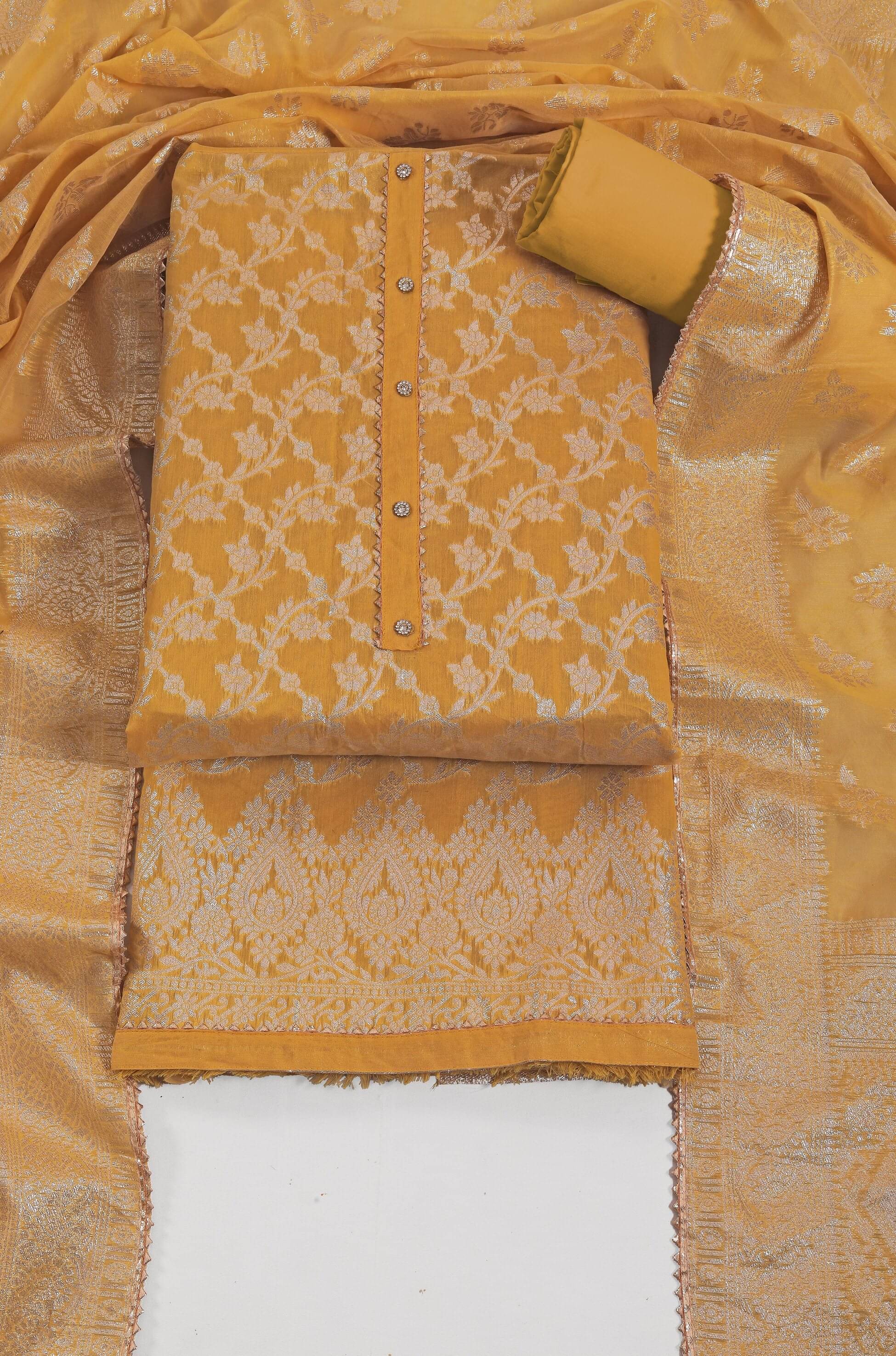     			tavas Unstitched Jacquard Embellished Dress Material - Yellow ( Pack of 1 )