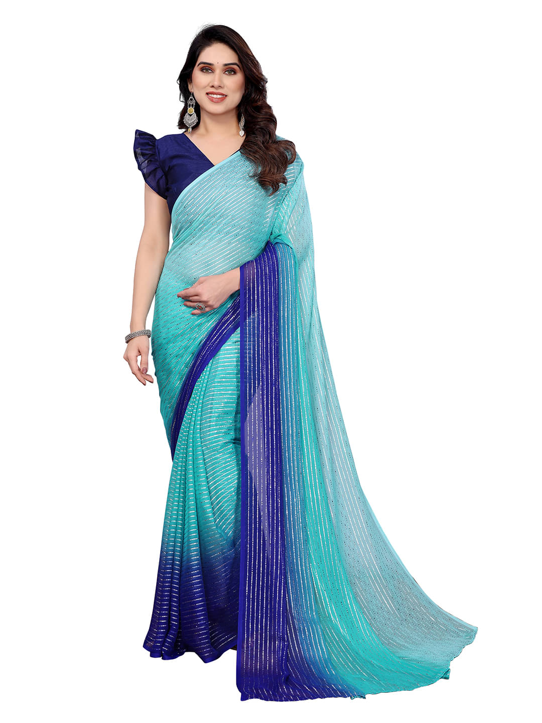     			ANAND SAREES Georgette Striped Saree With Unstitched Blouse Piece ( Blue )
