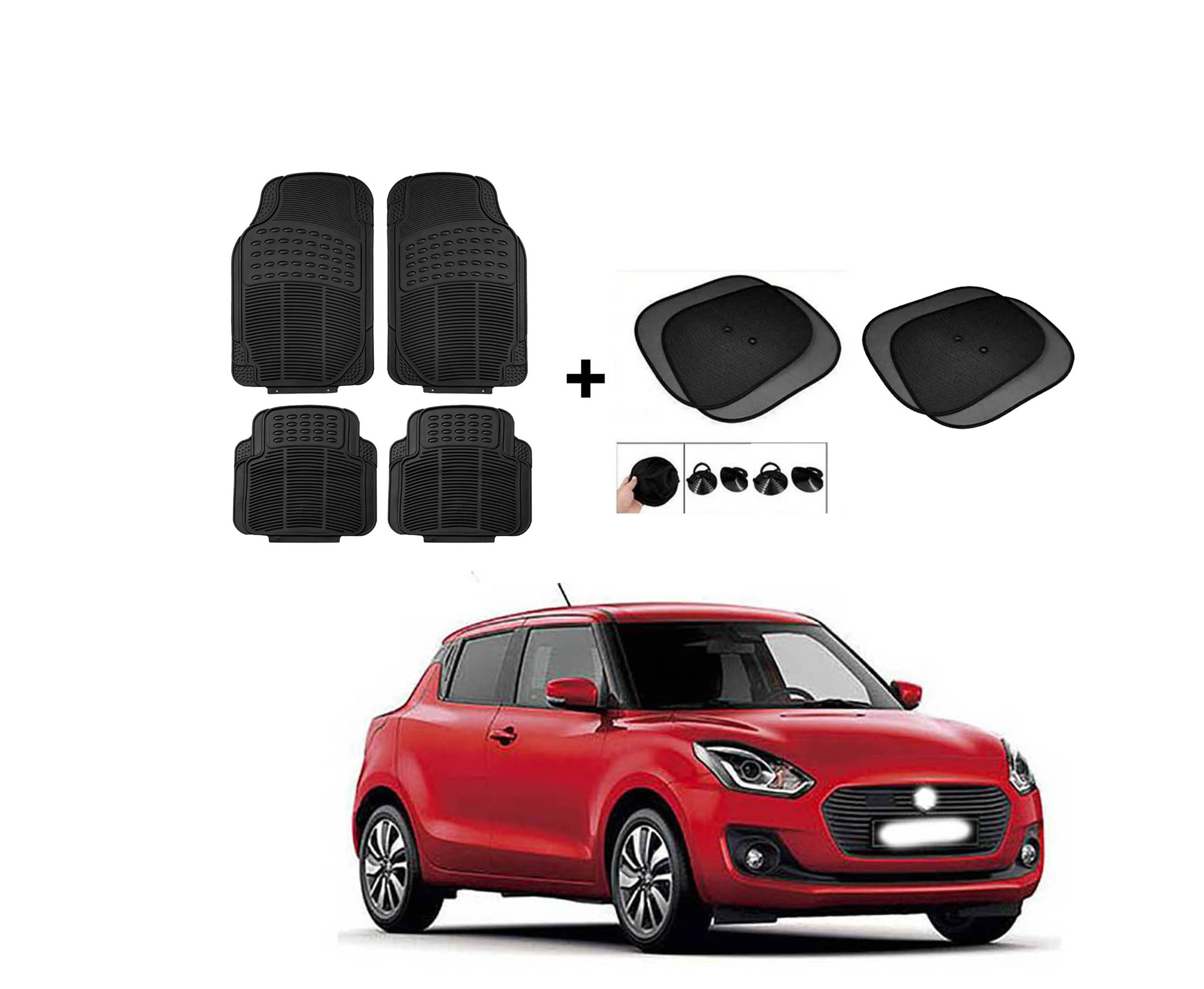     			ARLOOK Car Rubber Foot Mat (Set Of 4) + Sunshades (Set Of 4) For Maruti Suzuki Swift (All Models)