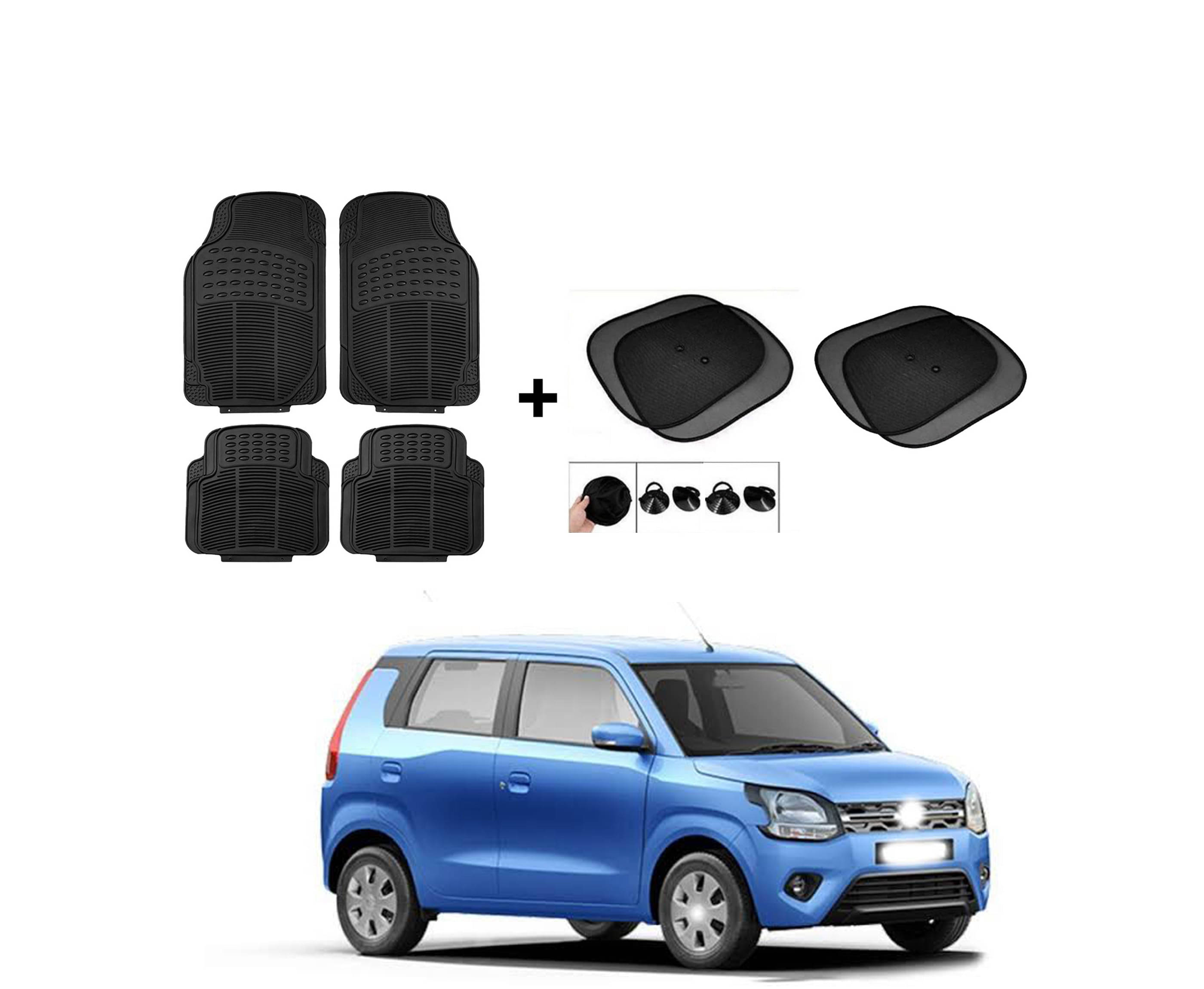     			ARLOOK Car Rubber Foot Mat (Set Of 4) + Sunshades (Set Of 4) For Maruti Suzuki WagonR (All Models)