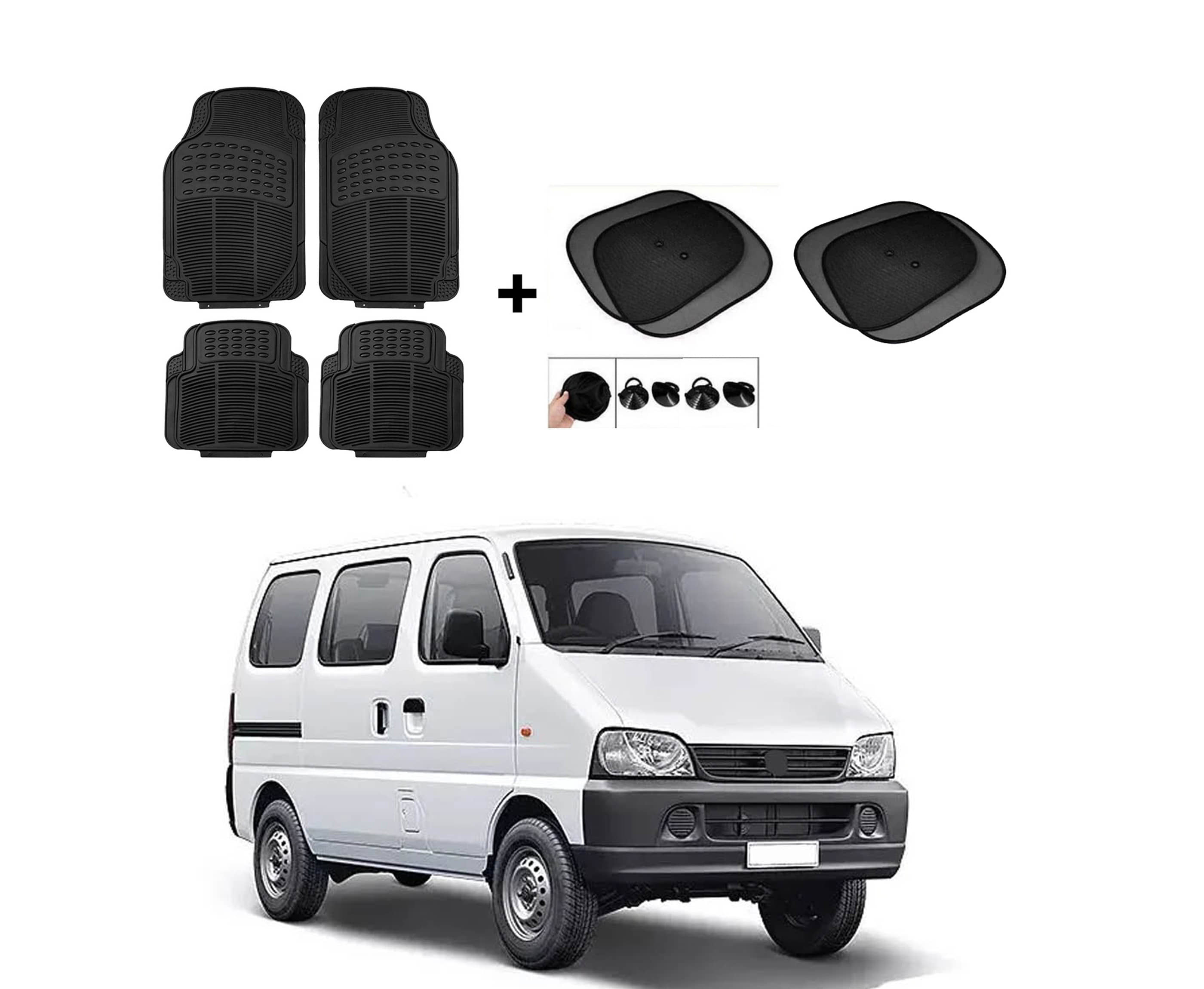 ARLOOK Car Rubber Foot Mat (Set Of 4) + Sunshades (Set Of 4) For Maruti Suzuki Eeco (All Models)