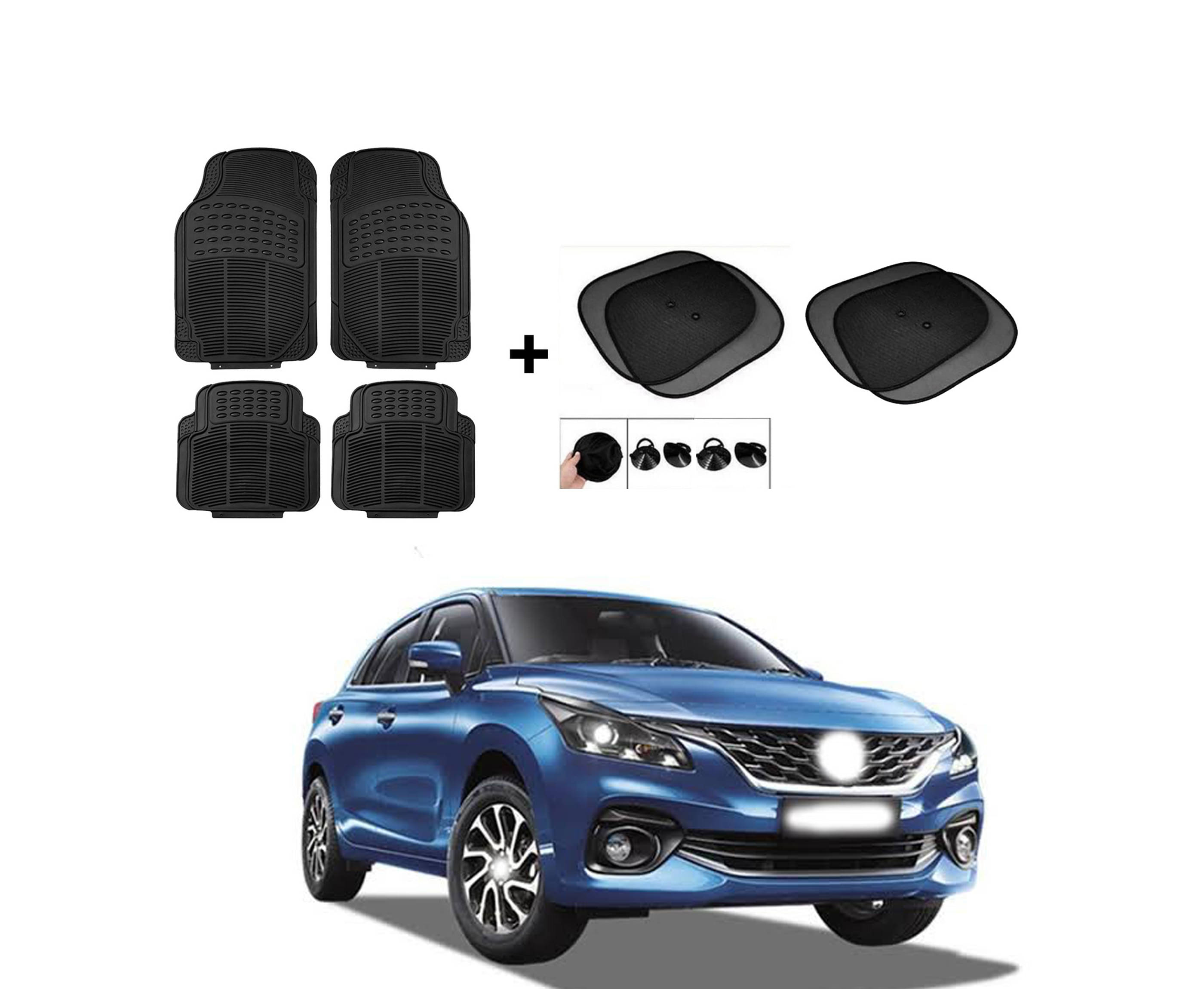     			ARLOOK Car Rubber Foot Mat (Set Of 4) + Sunshades (Set Of 4) For Maruti Suzuki Baleno (All Models)