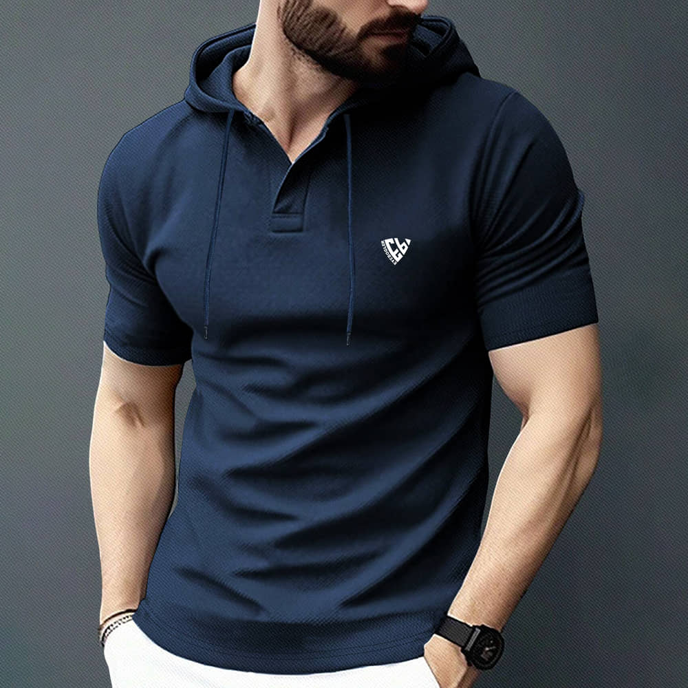 Eyebogler Cotton Blend Regular Fit Solid Half Sleeves Men's Hooded T-Shirt - Navy Blue ( Pack of 1 )