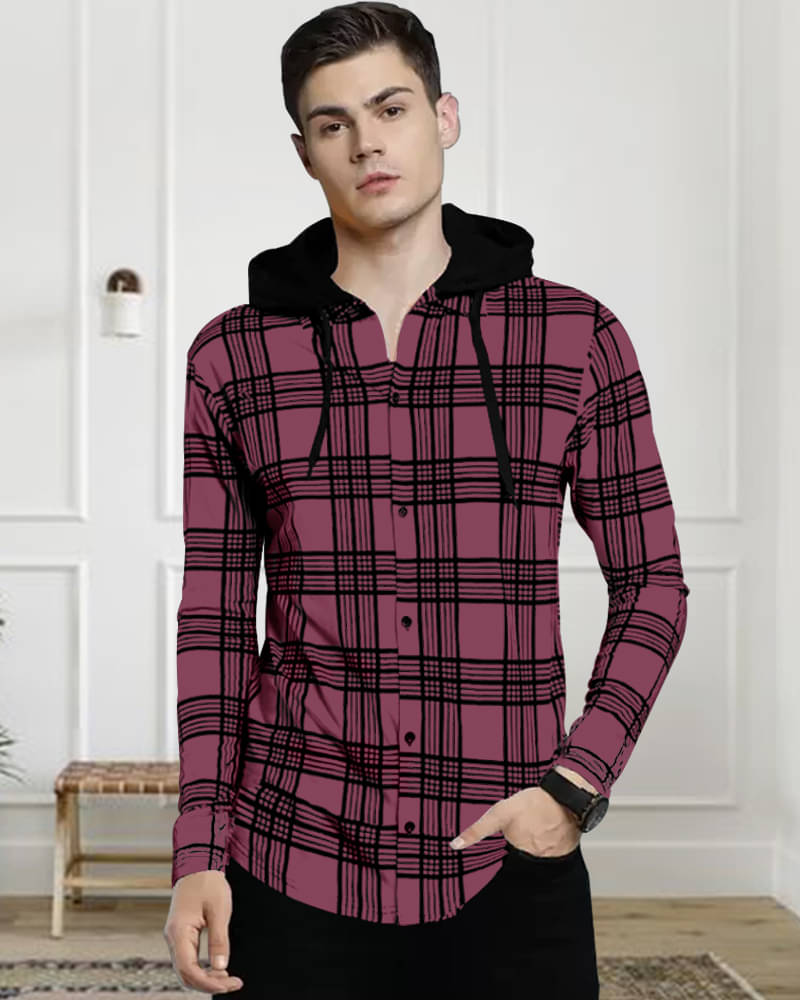    			Eyebogler Cotton Blend Regular Fit Checks Full Sleeves Men's Hooded T-Shirt - Pink ( Pack of 1 )