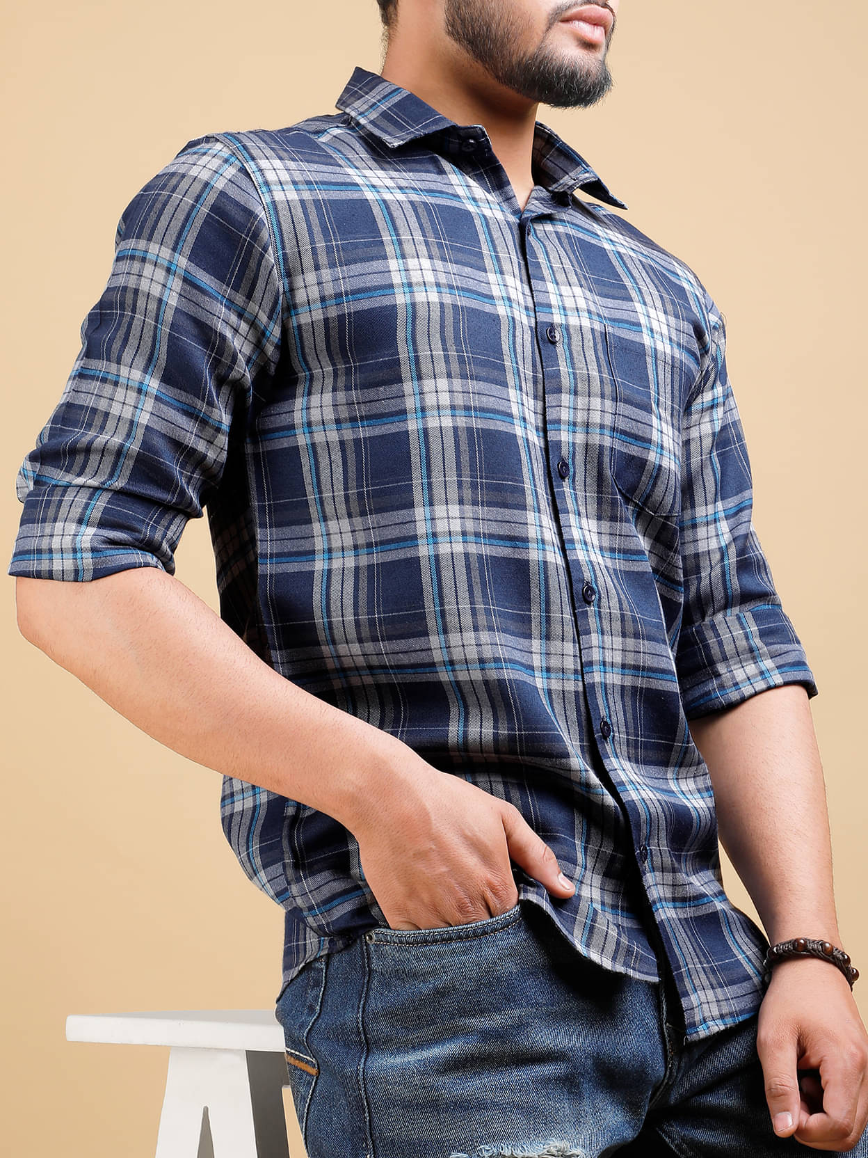    			Eyebogler Cotton Blend Regular Fit Checks Full Sleeves Men's Mandarin Collar T-Shirt - Blue ( Pack of 1 )