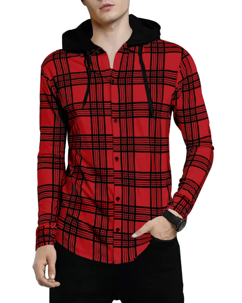 Eyebogler Cotton Blend Regular Fit Checks Full Sleeves Men's Hooded T-Shirt - Red ( Pack of 1 )