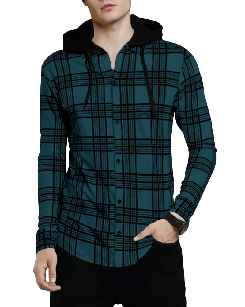    			Eyebogler Cotton Blend Regular Fit Checks Full Sleeves Men's Hooded T-Shirt - Green ( Pack of 1 )
