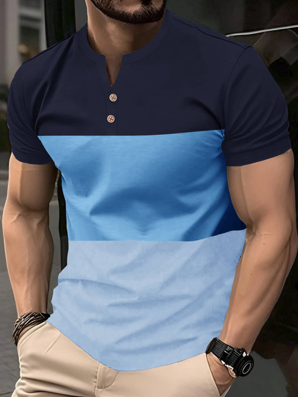 Eyebogler Polyester Regular Fit Colorblock Half Sleeves Men's Mandarin Collar T-Shirt - Multicolor ( Pack of 1 )