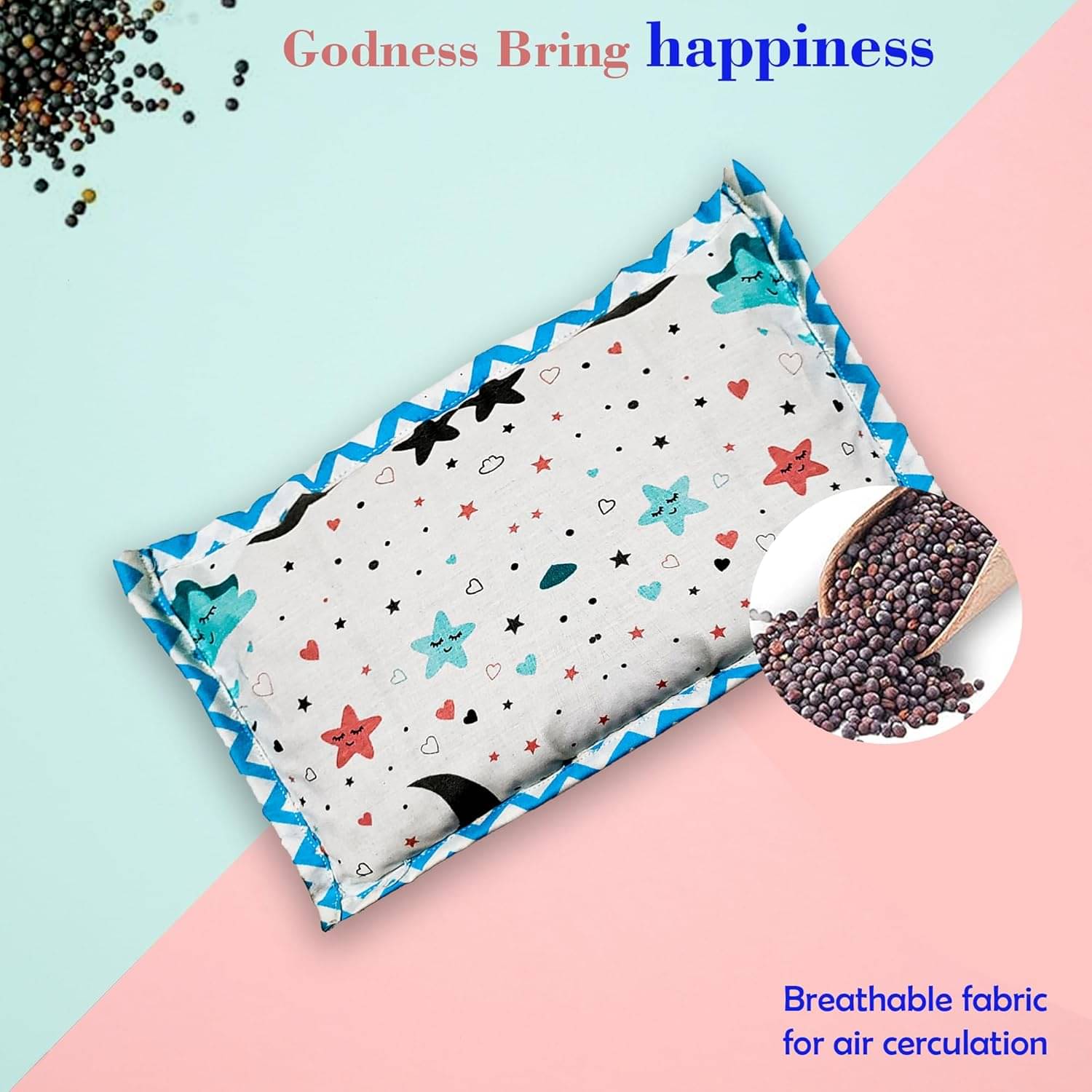     			HUG PUPPY Mustard Seeds (Rai) Pillow for New Born Baby Soft Fabric Mustard Seeds Rai Pillow for Baby Head Shapes (Blue)