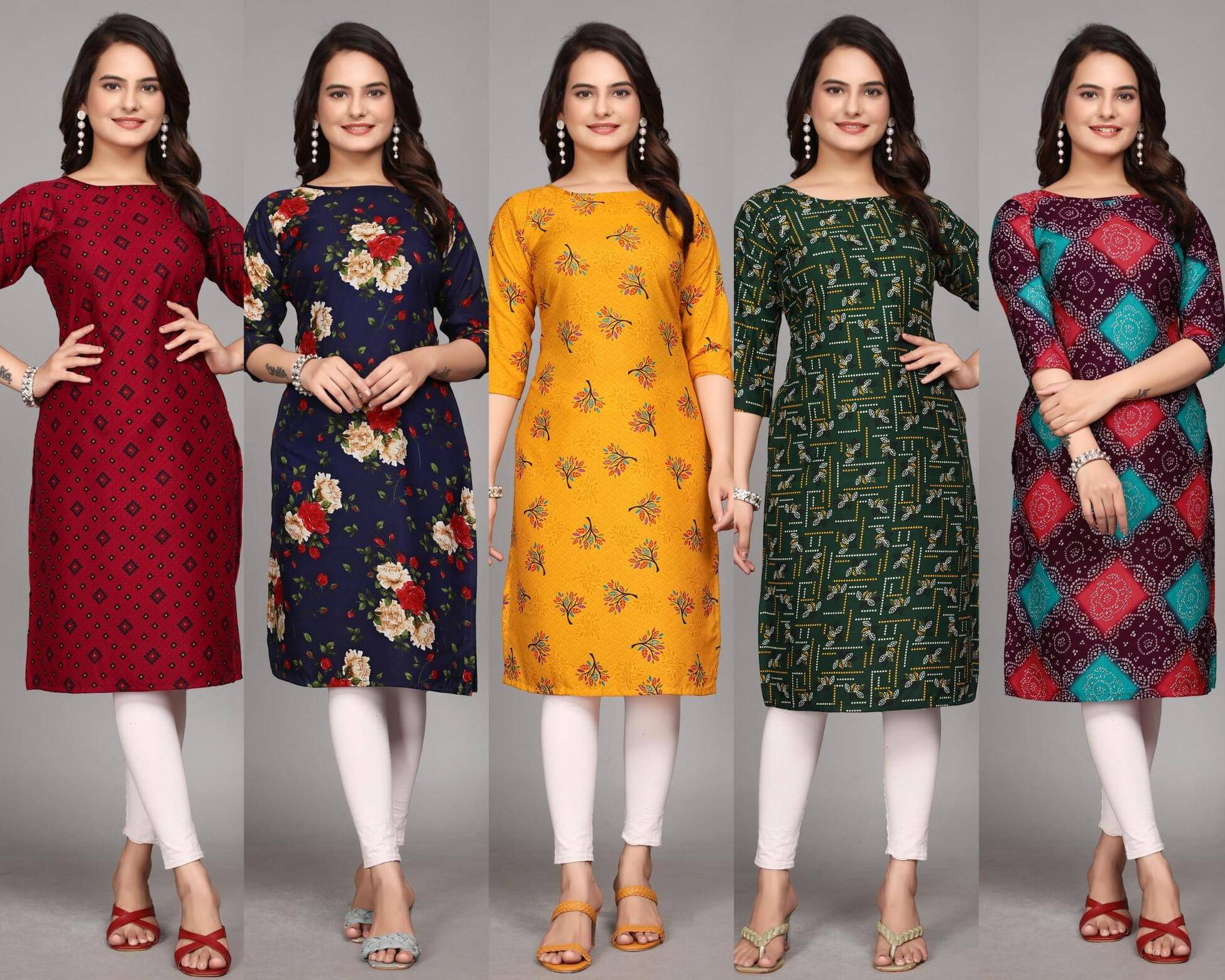 KALAVRITTA Pack of 5 Crepe Printed Straight Women's Kurti - ( Multicolor )     			KALAVRITTA Pack of 5 Crepe Printed Straight Women's Kurti - ( Multicolor )