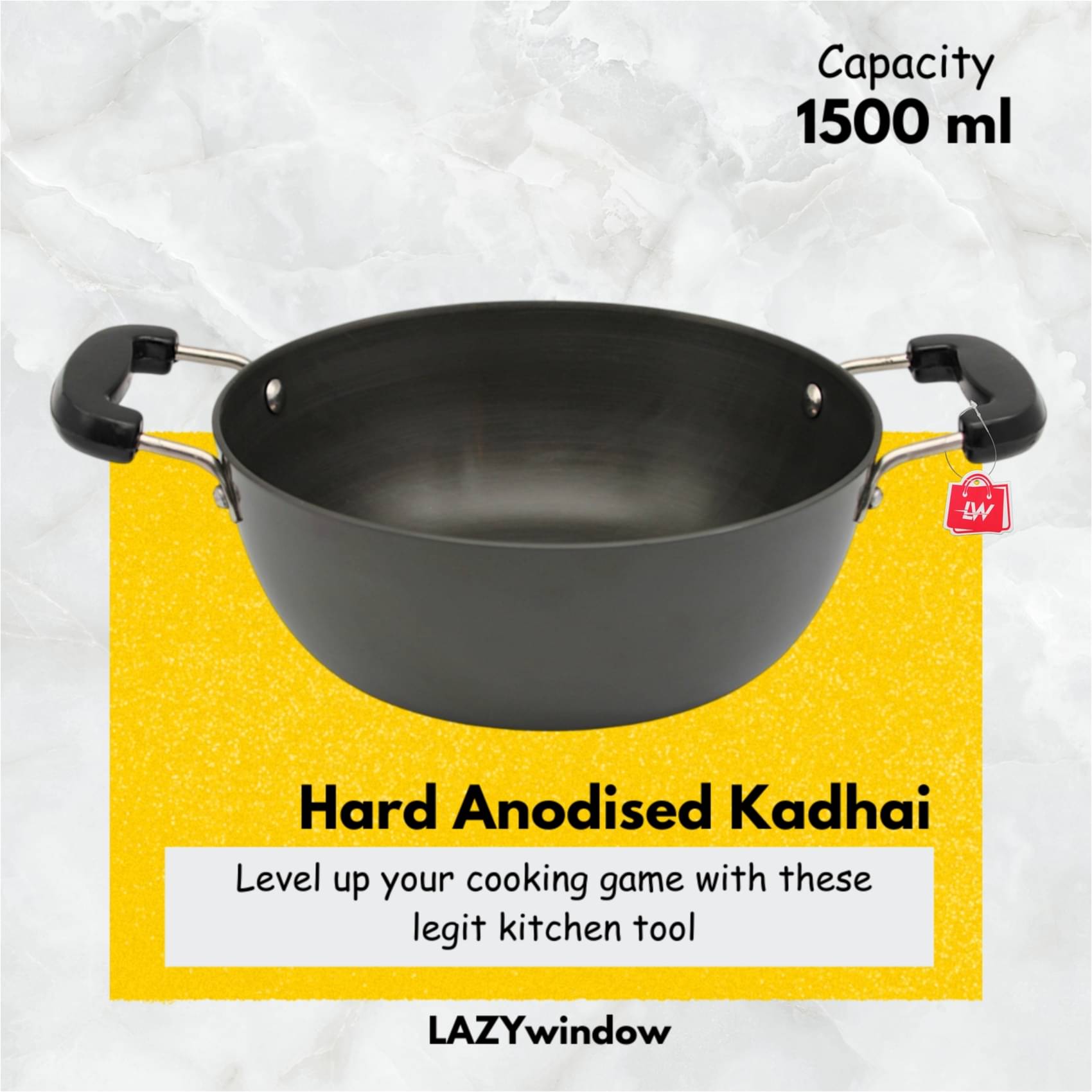     			LAZYWINDOW Non coated Aluminium Deep Kadhai Induction Bottom Stainless Steel Handle 3 Thickness mm 20 cm Diameter ( 1.5 L )