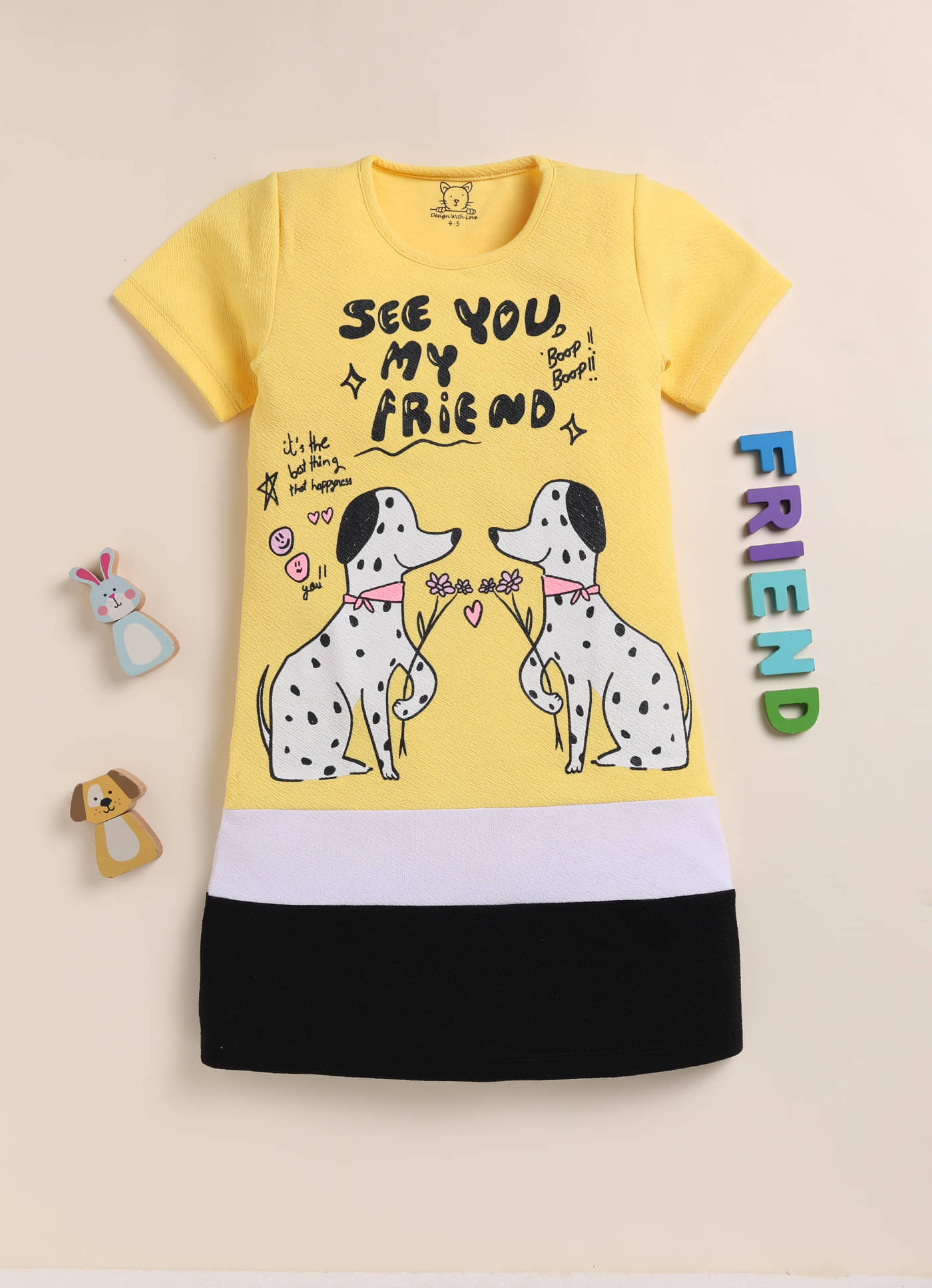    			Lazy Shark Cotton Blend Dress For Girls ( Pack of 1 , Yellow )
