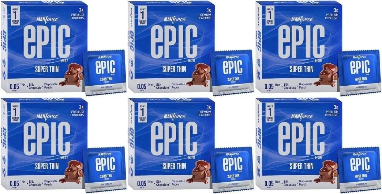     			MANFORCE Epic Desire Super Thin Premium Condoms for Men Silk Chocolate Flavour Condom (3 Sheets) x Pack of 6