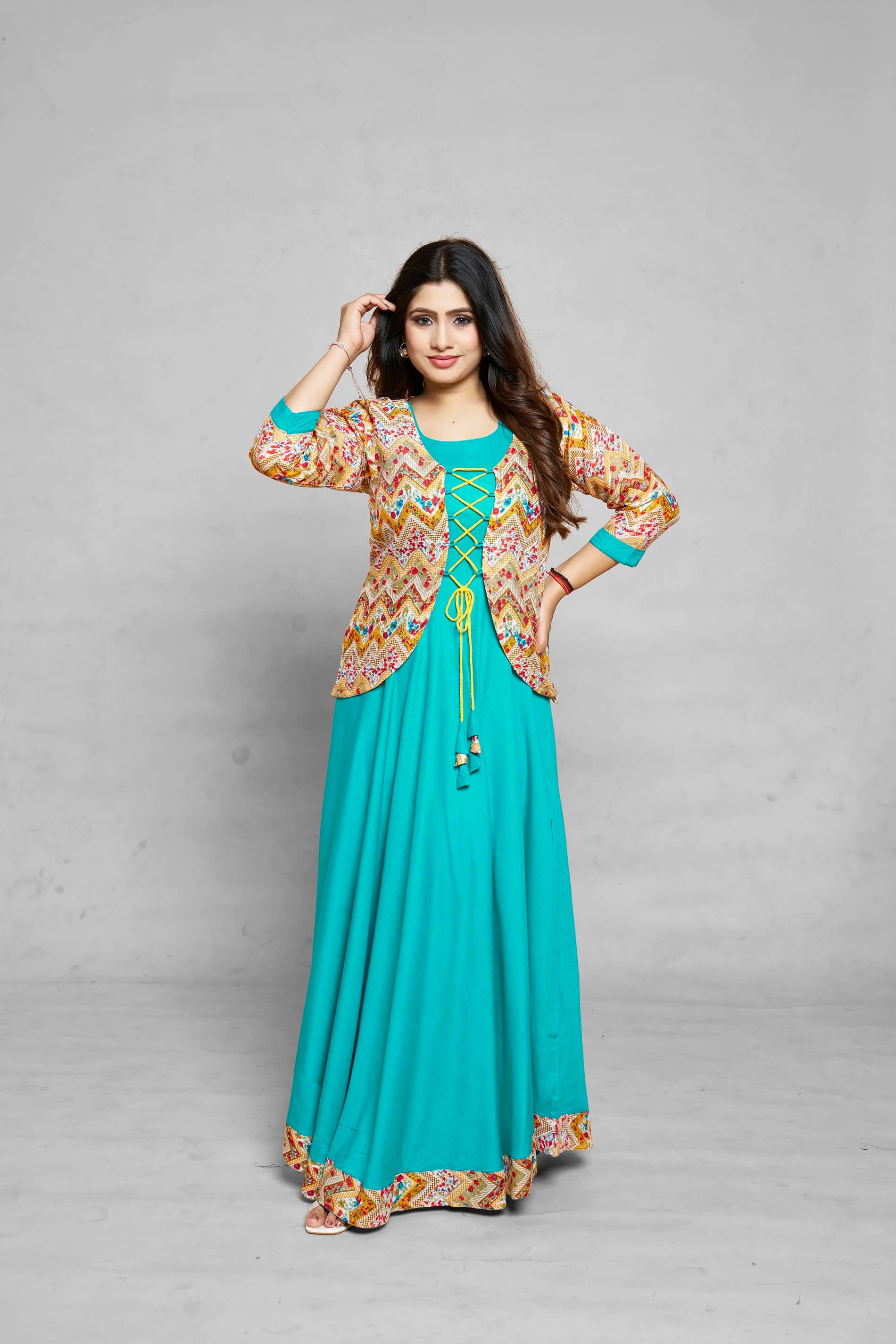 MEESORRA Pack of 1 Rayon Printed Jacket Style Women's Kurti - ( Turquoise ) - Kurtis, Tunics | Buy online on ZillyBuy