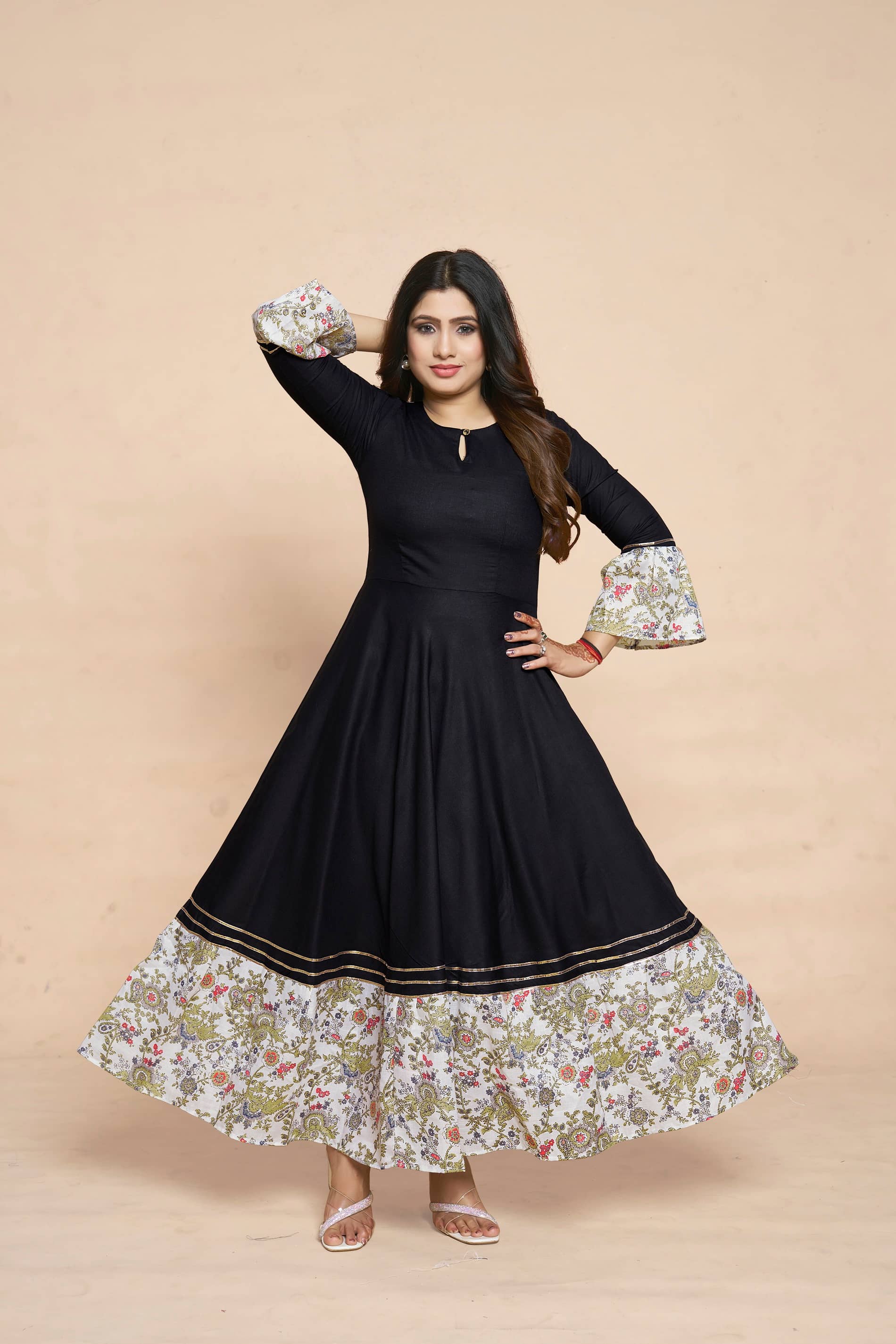 MEESORRA Pack of 1 Rayon Printed Anarkali Women's Kurti - ( Black ) - Kurtis, Tunics | Buy online on ZillyBuy