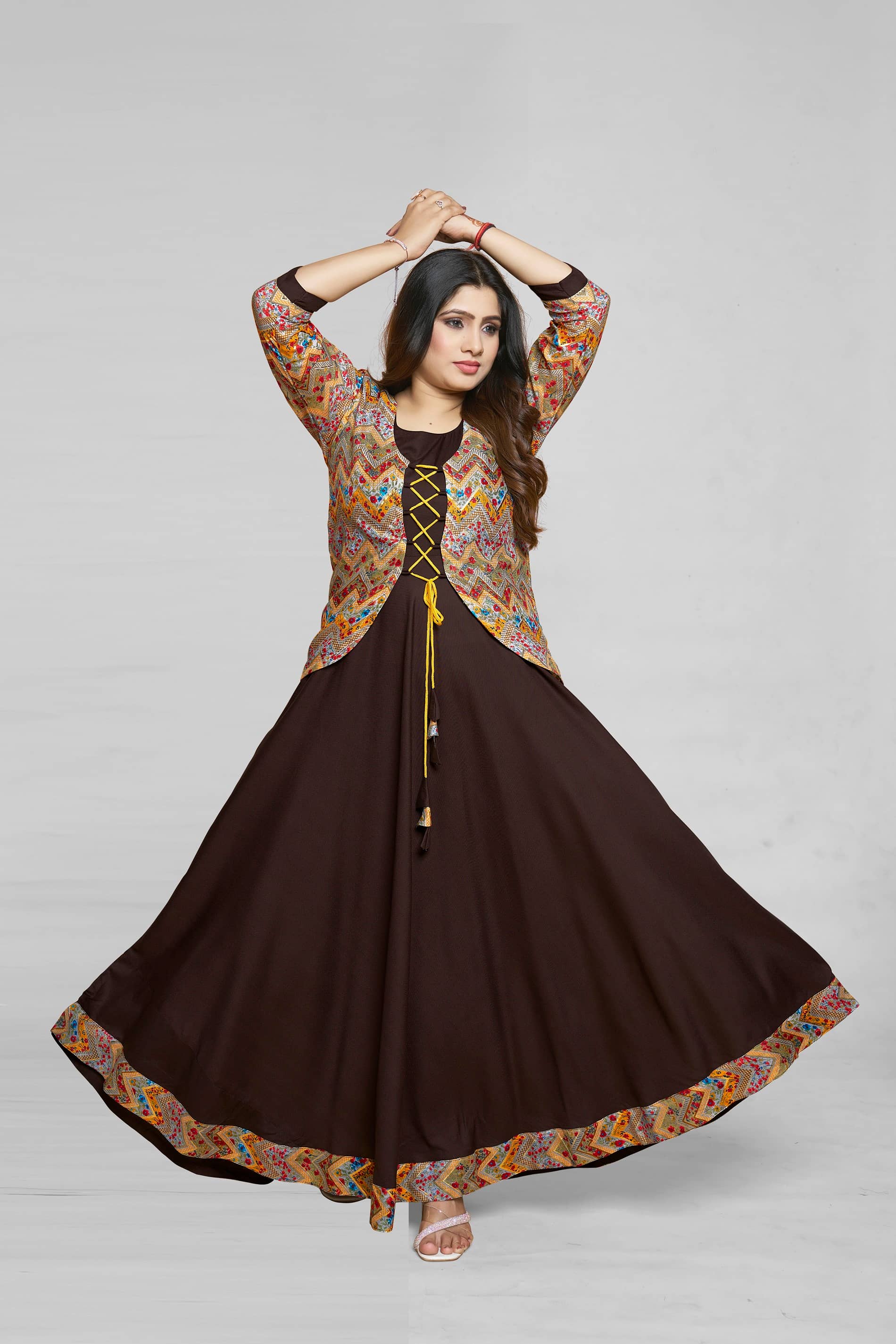 MEESORRA Pack of 1 Rayon Printed Jacket Style Women's Kurti - ( Coffee ) - Kurtis, Tunics | Buy online on ZillyBuy