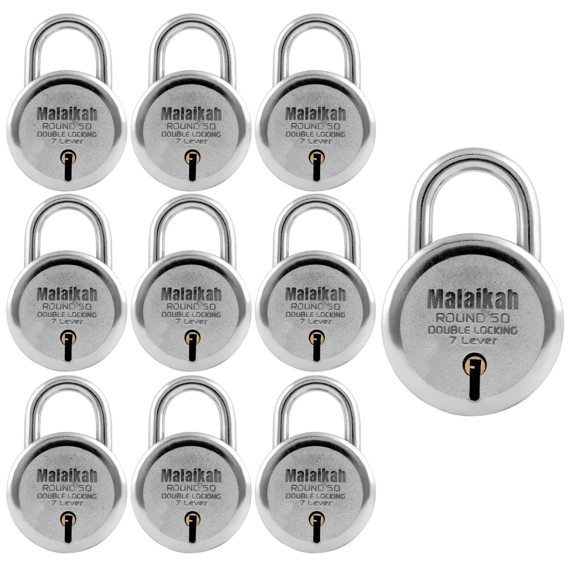 Malaikah Round 50 mm Padlock Double Locking 7 Lever With 3 Keys, Ideal for Gate, Shutter and Shop, Ideal for Gate, Shutter and Shop Made in Aligarh, India, Pack of 10 Malaikah Round 50 mm Padlock Double Locking 7 Lever With 3 Keys, Ideal for Gate, Shutter and Shop, Ideal for Gate, Shutter and Shop Made in Aligarh, India, Pack of 10