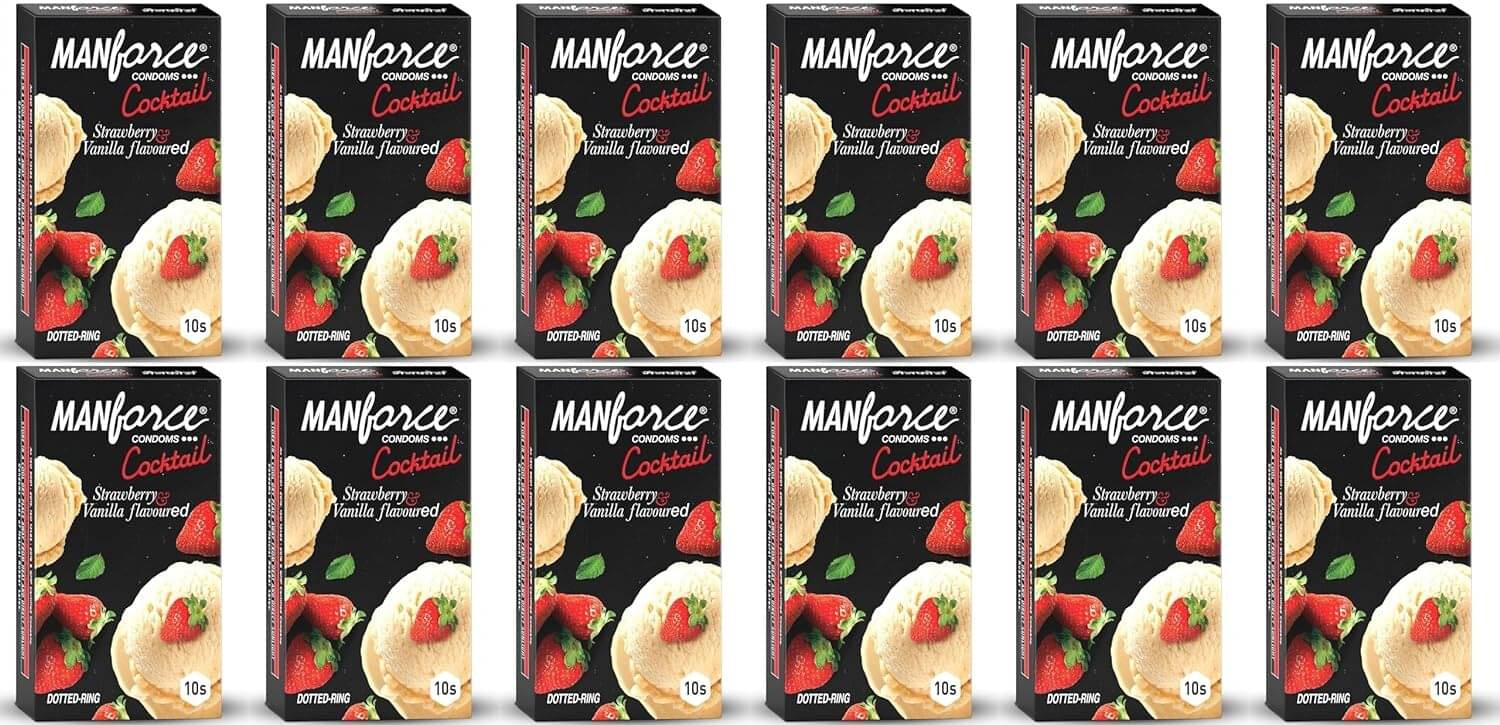Manforce Cocktail Strawberry & Vanilla Flavoured Condoms for Men with Dotted Rings| Extra Dotted for Her Extra Stimulation| Lubricated Latex Condoms| 10 pcs x Pack of 12 Manforce Cocktail Strawberry & Vanilla Flavoured Condoms for Men with Dotted Rings| Extra Dotted for Her Extra Stimulation| Lubricated Latex Condoms| 10 pcs x Pack of 12